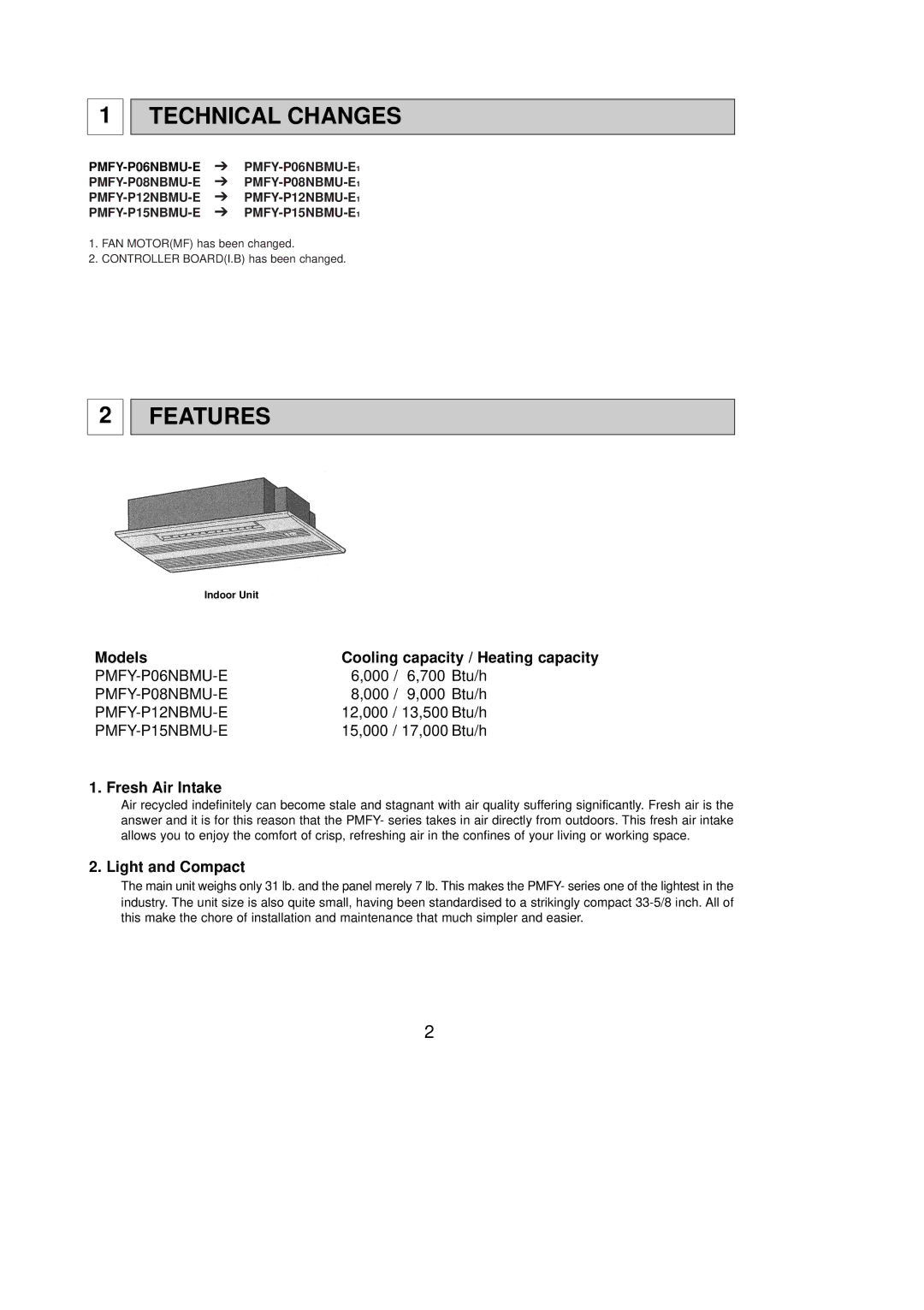 Mitsubishi Electronics PMFY-P06NBMU-E1, PMFY-P08NBMU-E1, PMFY-P12NBMU-E1 service manual Technical Changes, Features 