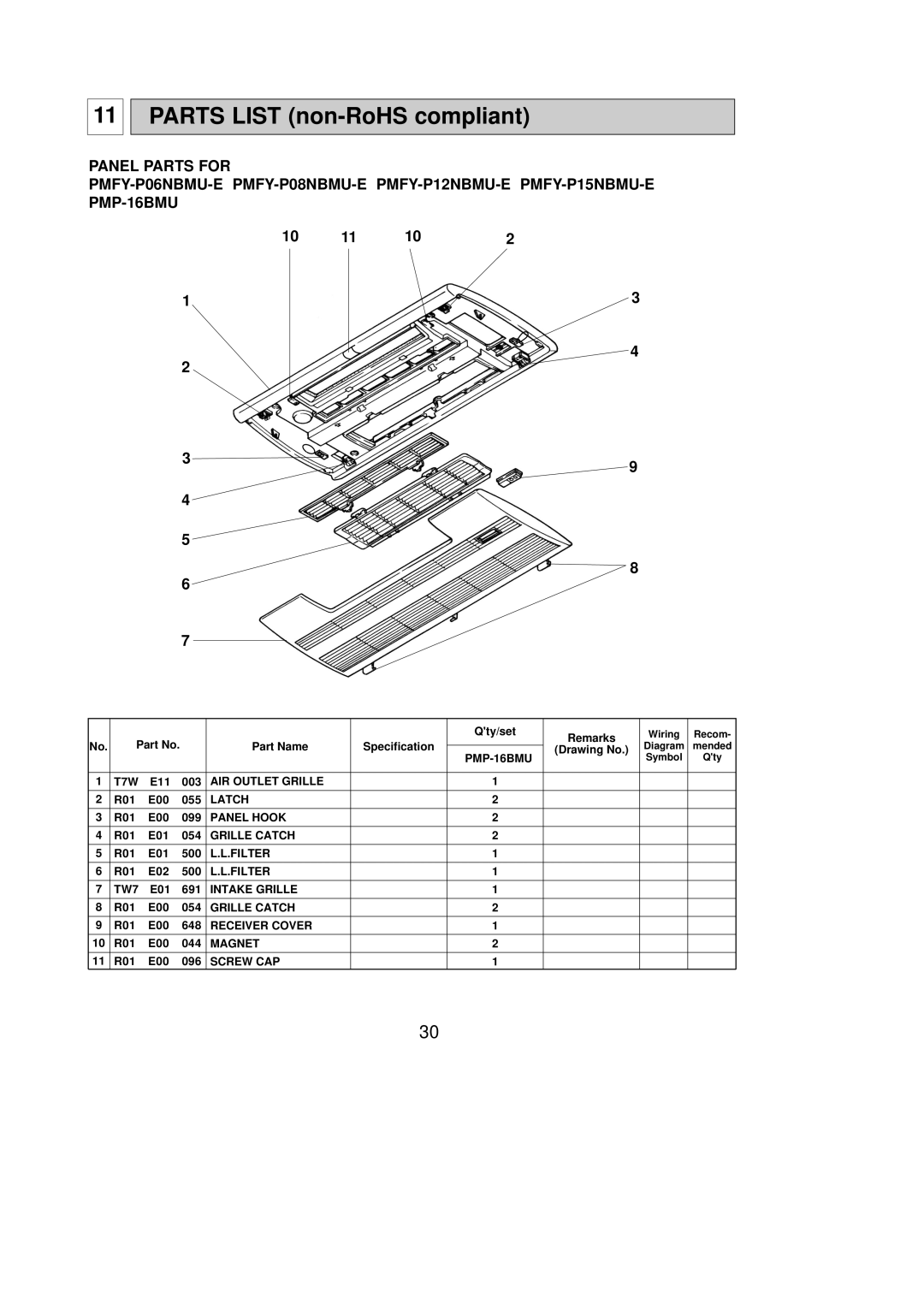 Mitsubishi Electronics PMFY-P08NBMU-E1 Qty/set Remarks, Part Name Specification, Drawing No, E11 003, R01 E00 055, E01 691 