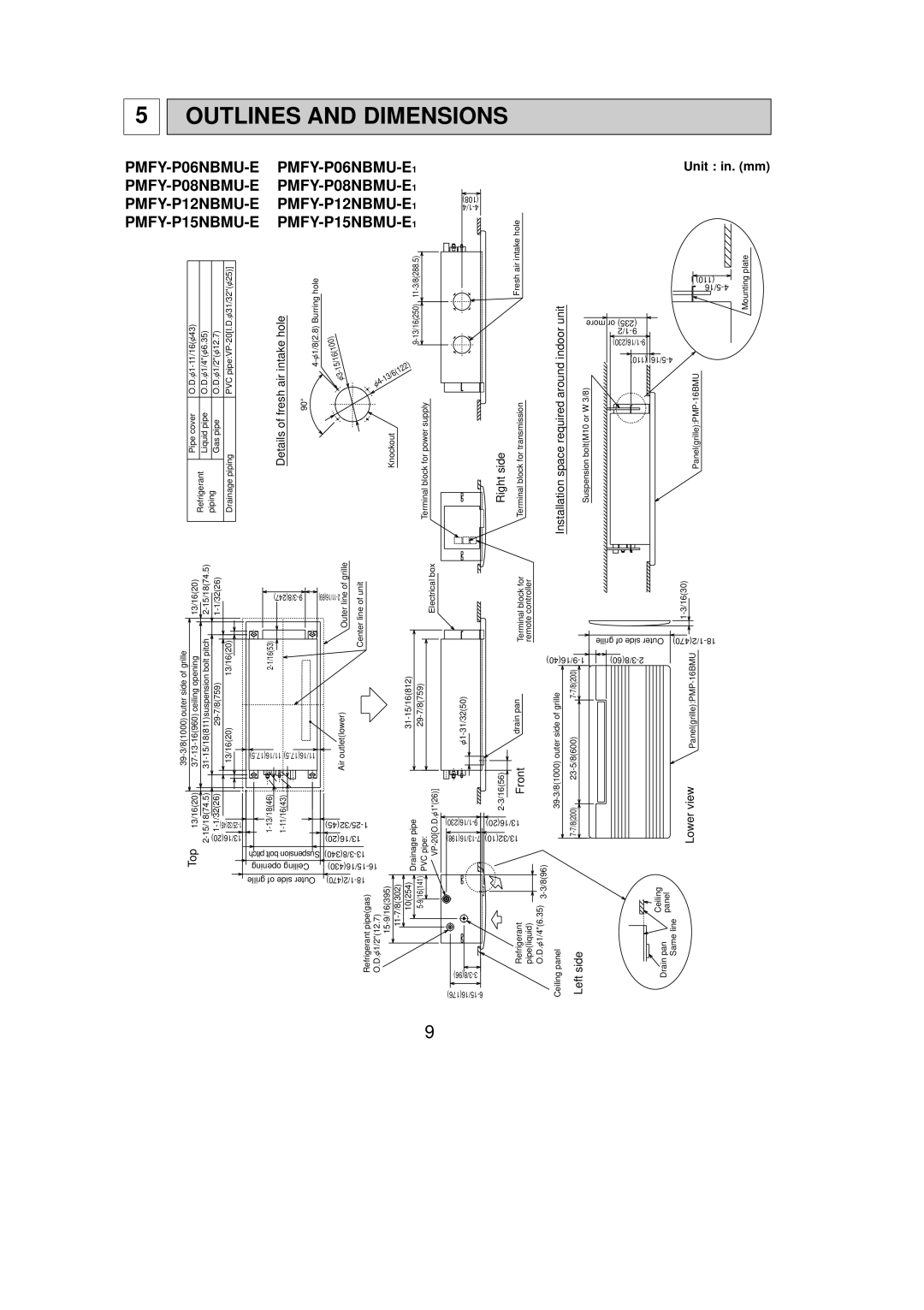 Mitsubishi Electronics PMFY-P06NBMU-E Right side, Indoor, Installation space required around, Top, Front, Leftside 