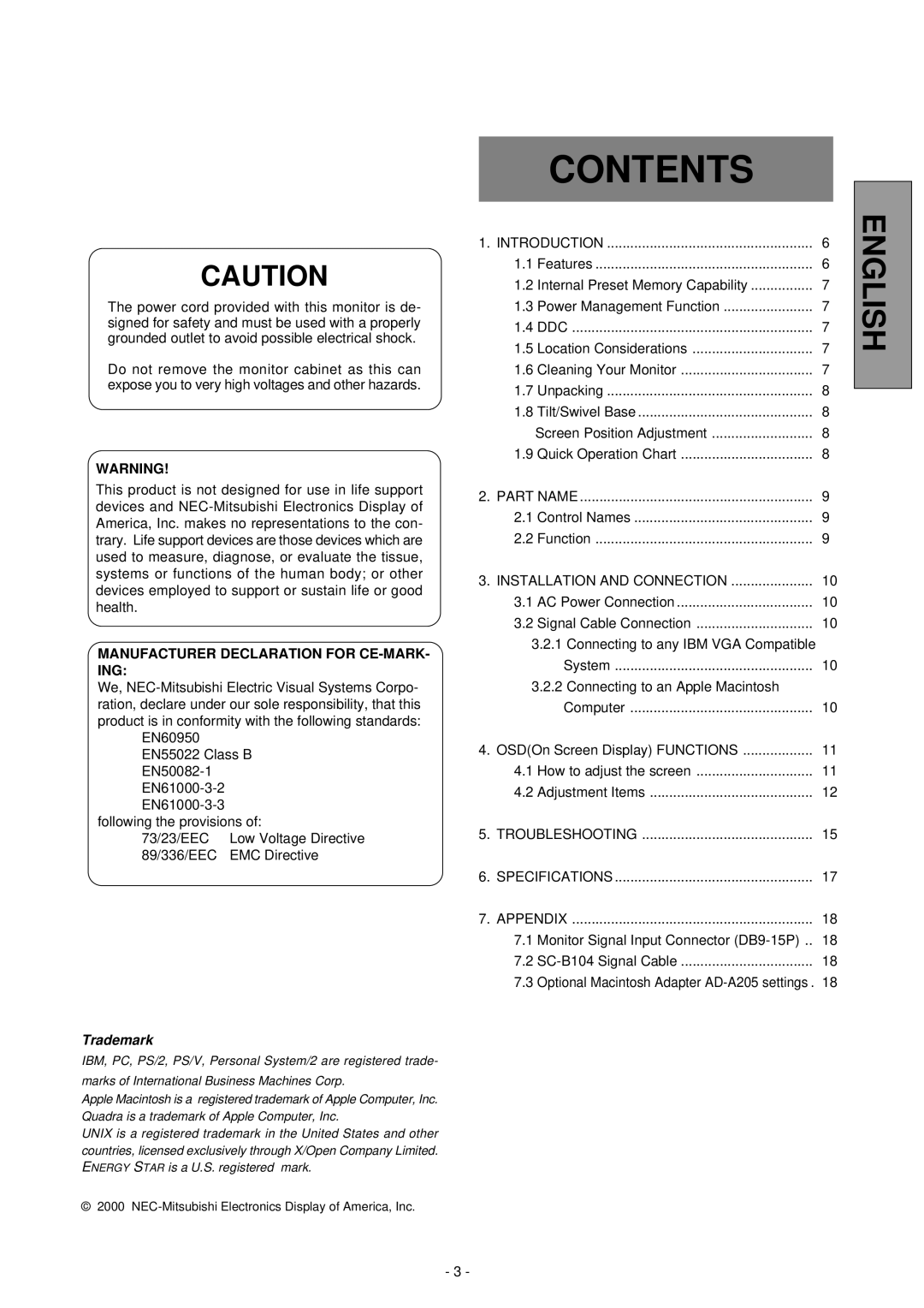 Mitsubishi Electronics Pro 920 manual Contents 