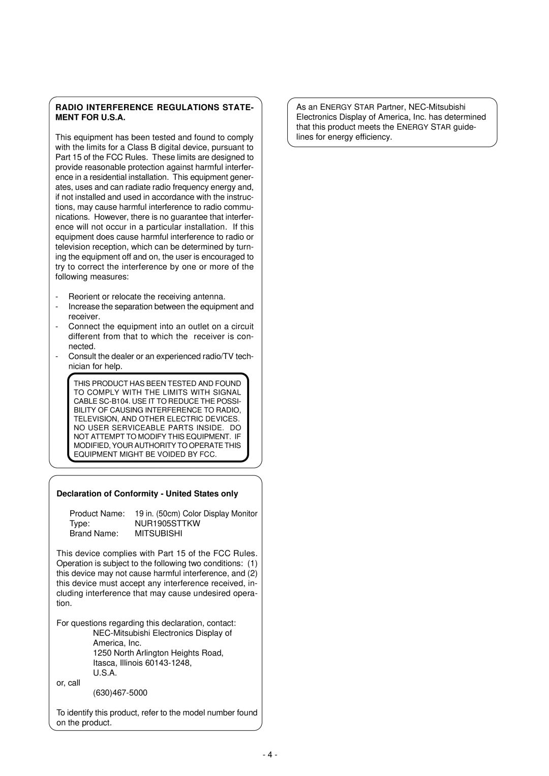 Mitsubishi Electronics Pro 920 manual Radio Interference Regulations STATE- Ment for U.S.A 