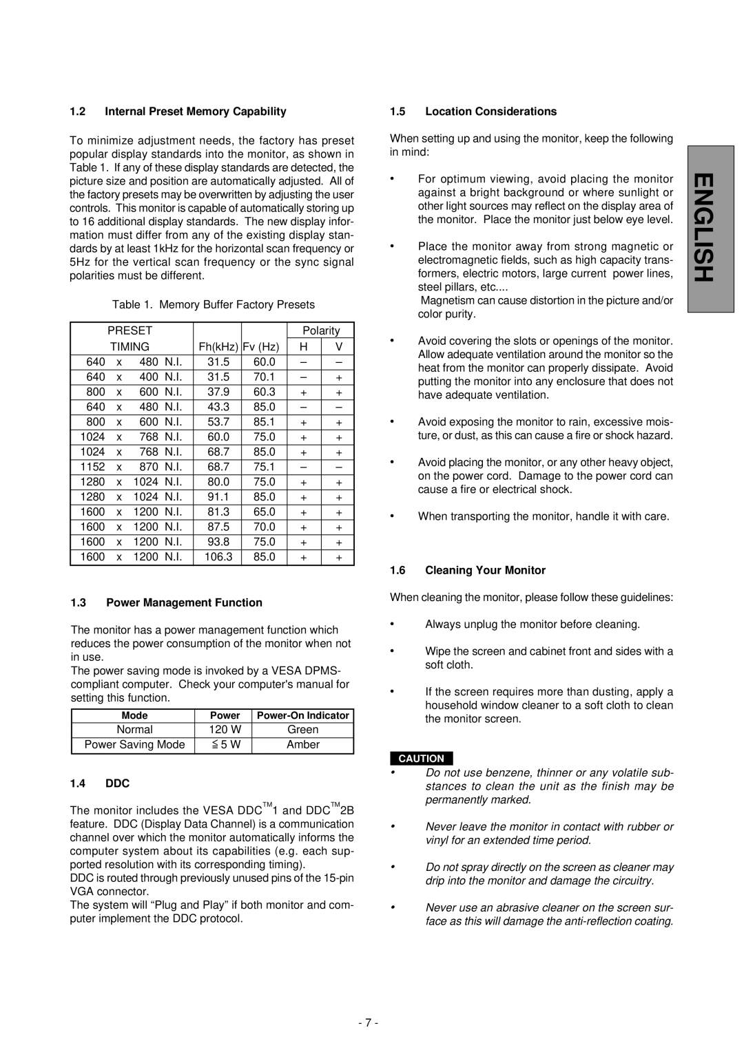 Mitsubishi Electronics Pro 920 Internal Preset Memory Capability, Power Management Function, Ddc, Location Considerations 