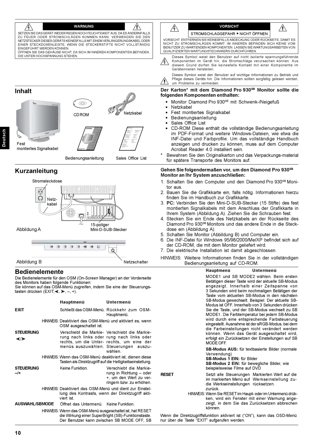 Mitsubishi Electronics Pro 930SB user manual Inhalt, Kurzanleitung, Bedienelemente, Monitor an Ihr System anzuschließen 