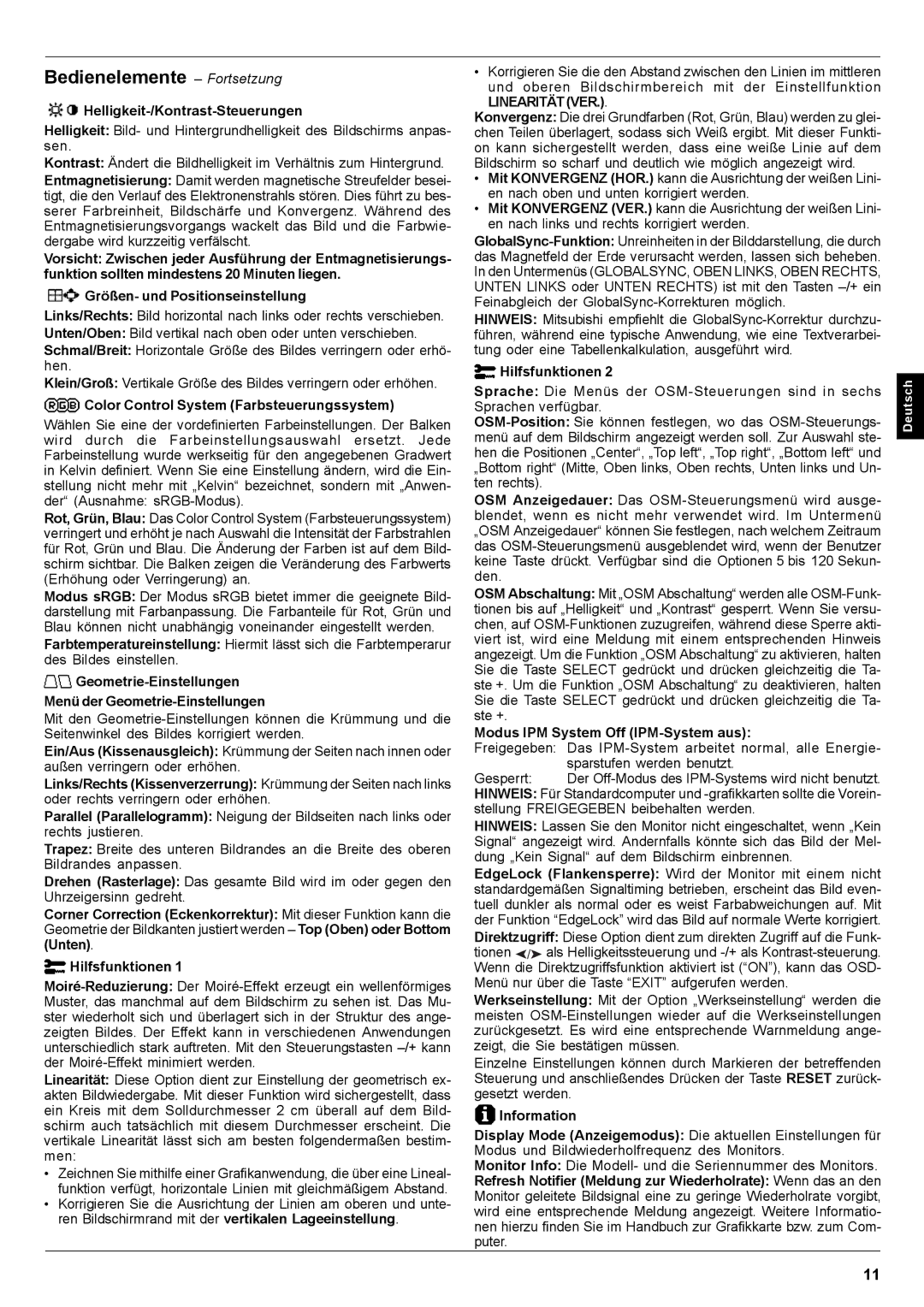 Mitsubishi Electronics Pro 930SB user manual Bedienelemente Fortsetzung, Helligkeit-/Kontrast-Steuerungen 