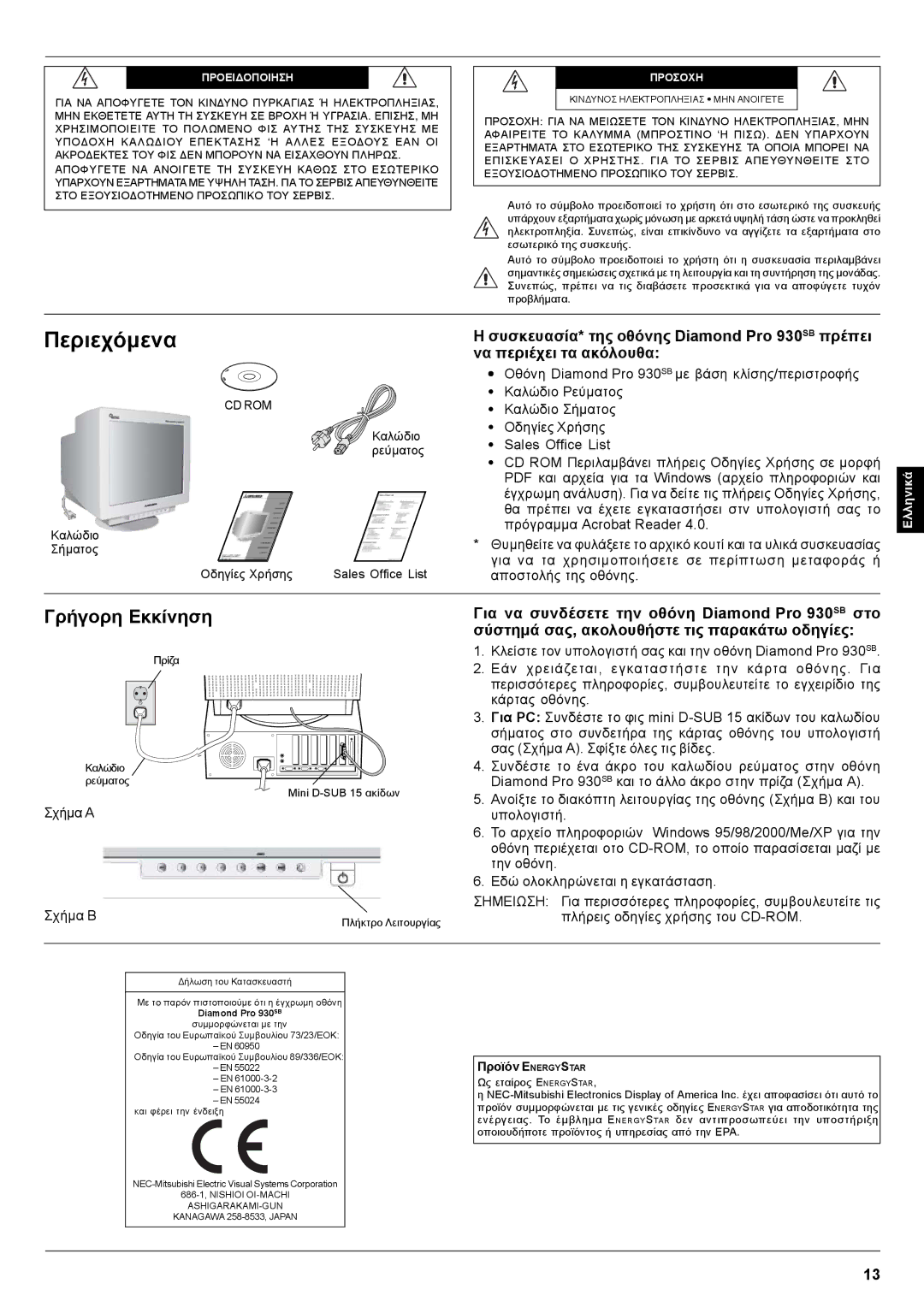 Mitsubishi Electronics Pro 930SB user manual Γρήγορη Εκκίνηση, Σχήµα a Σχήµα B, Προϊόν Energystar, Προει∆Οποιηση, Προσοχη 