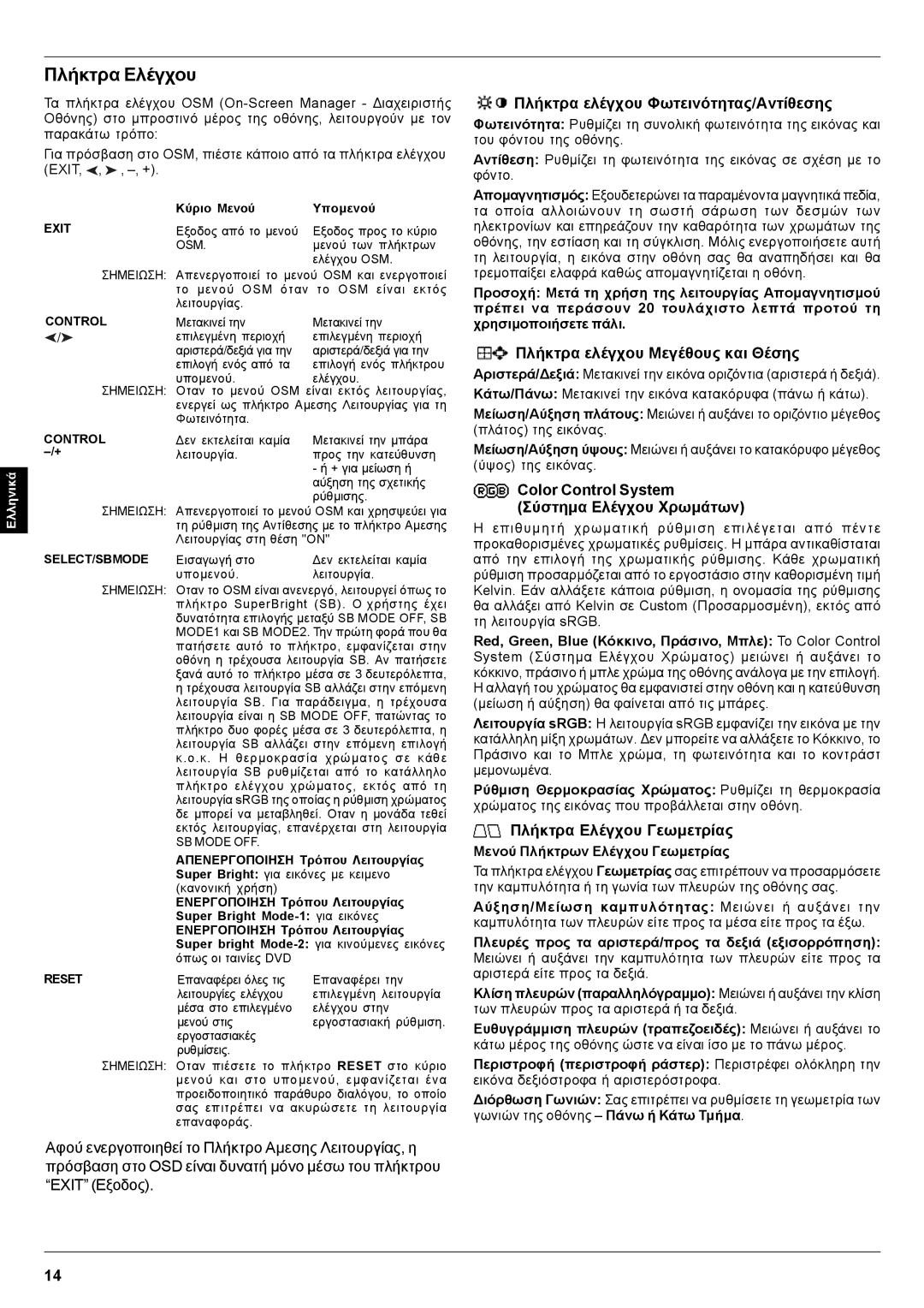 Mitsubishi Electronics Pro 930SB user manual Πλήκτρα ελέγχου Φωτεινότητας/Αντίθεσης, Πλήκτρα Ελέγχου Γεωµετρίας 