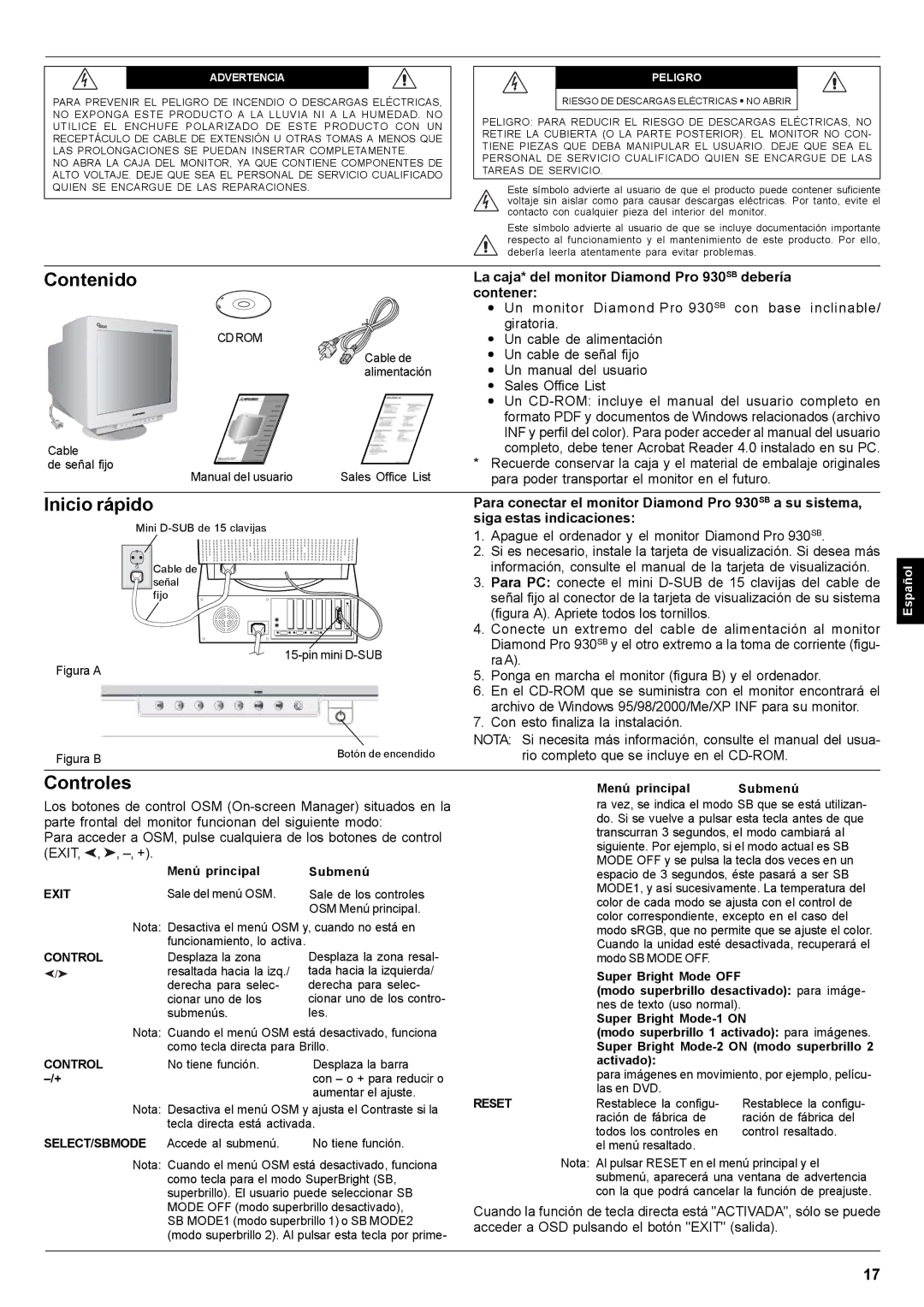 Mitsubishi Electronics Pro 930SB user manual Contenido, Inicio rápido, Controles 