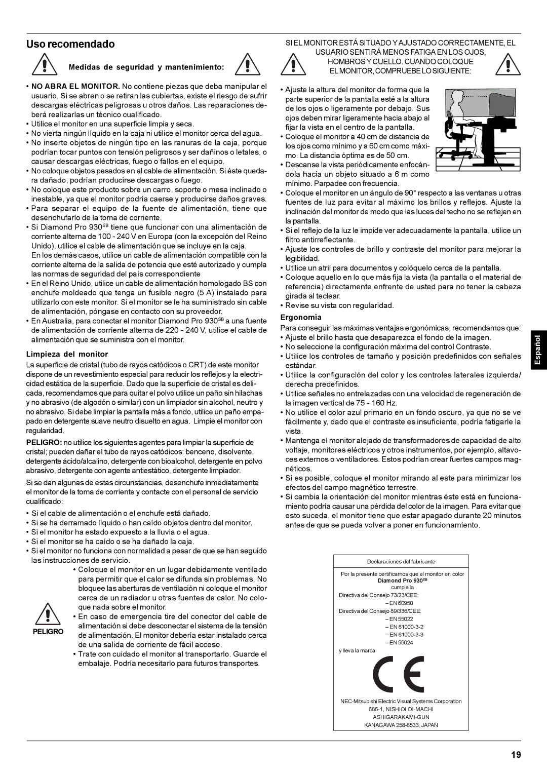 Mitsubishi Electronics Pro 930SB user manual Medidas de seguridad y mantenimiento, Limpieza del monitor, Peligro, Ergonomía 