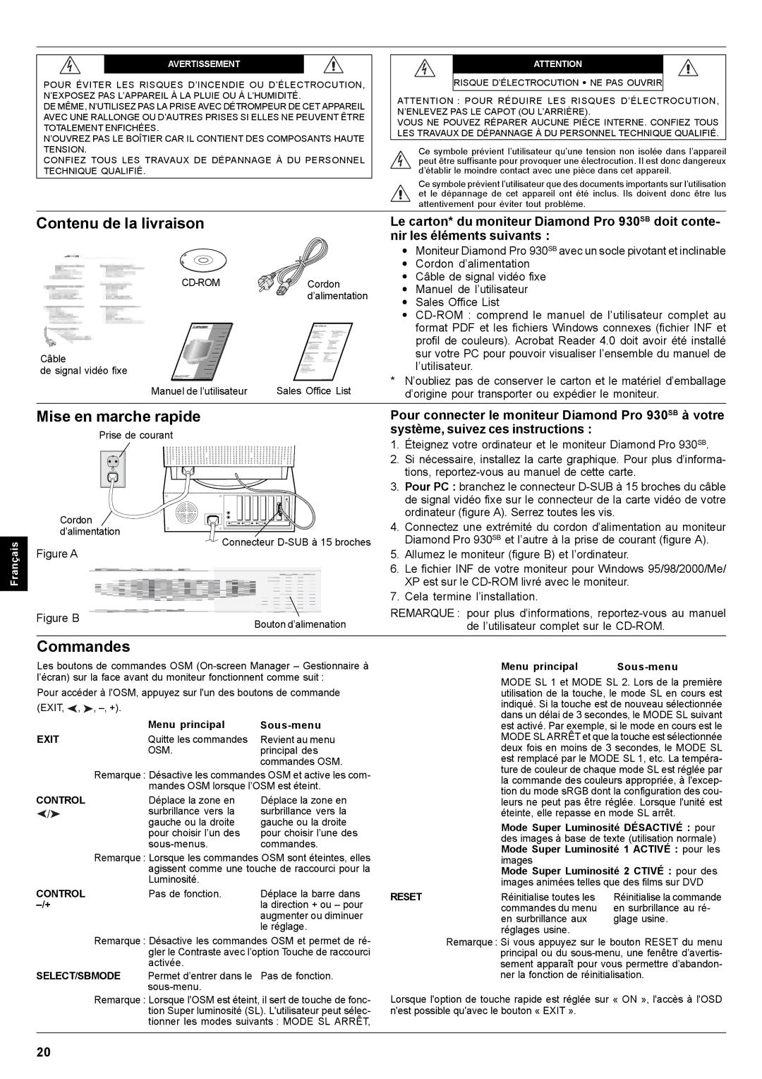 Mitsubishi Electronics Pro 930SB Contenu de la livraison, Mise en marche rapide, Commandes, Menu principal Sous-menu 