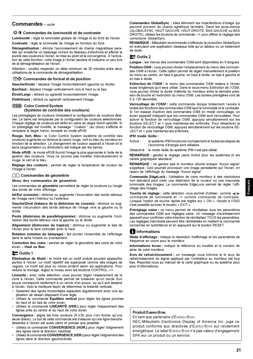 Mitsubishi Electronics Pro 930SB user manual Commandes suite 