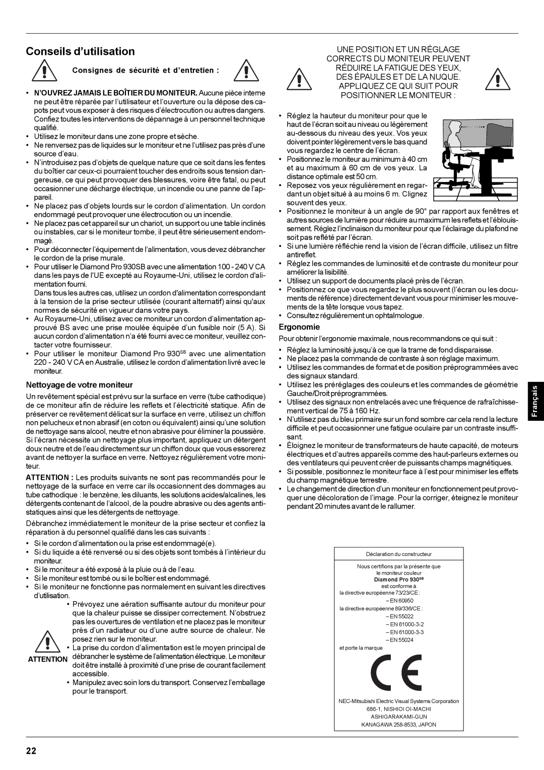 Mitsubishi Electronics Pro 930SB user manual Conseils d’utilisation, Nettoyage de votre moniteur 