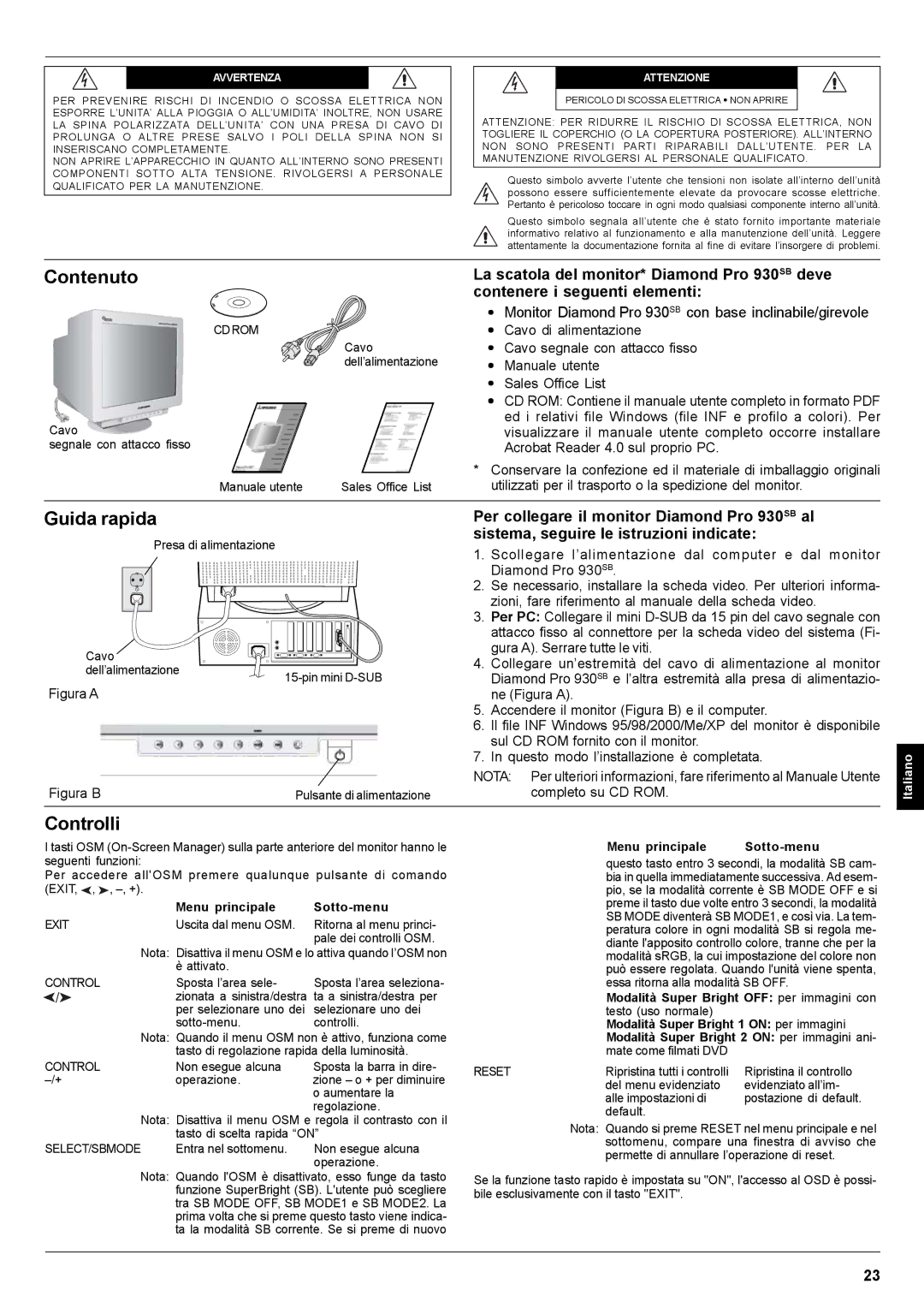 Mitsubishi Electronics Pro 930SB user manual Contenuto, Guida rapida, Controlli, Completo su CD ROM 