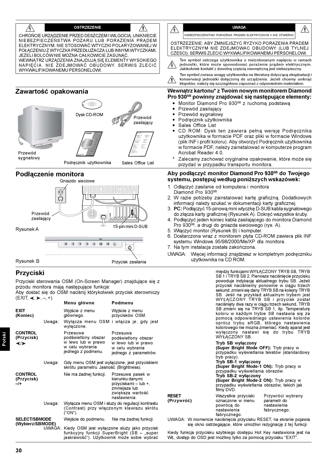 Mitsubishi Electronics Pro 930SB user manual Zawartość opakowania, Podłączenie monitora, Przyciski 