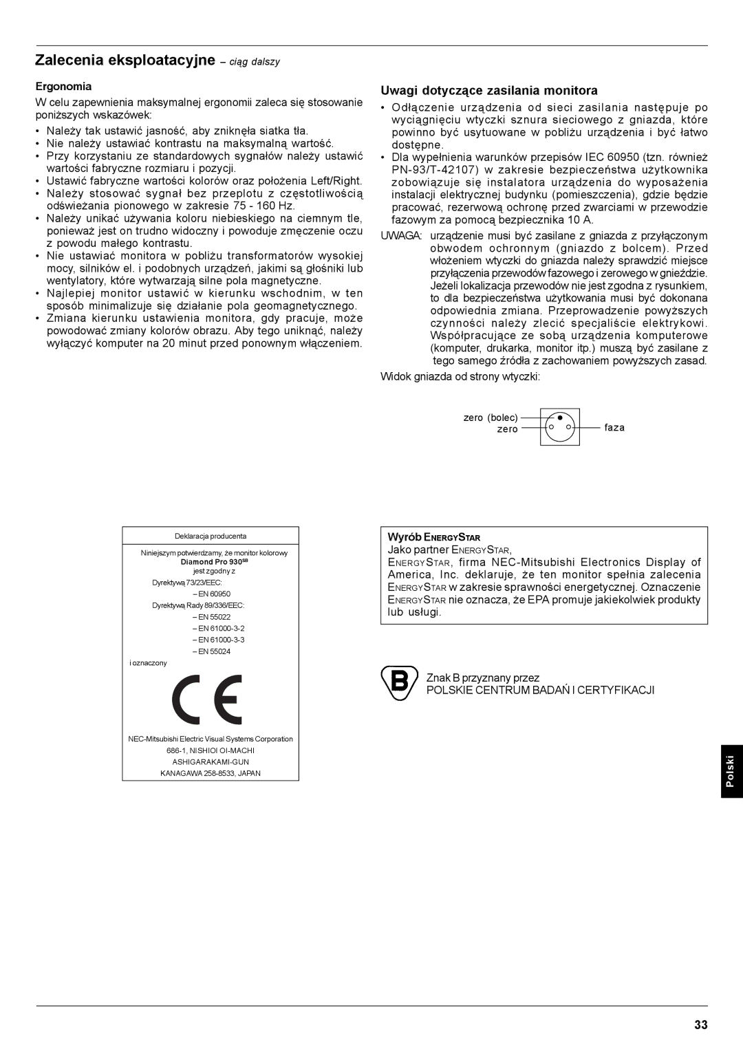 Mitsubishi Electronics Pro 930SB user manual Zalecenia eksploatacyjne ciąg dalszy, Uwagi dotyczące zasilania monitora 