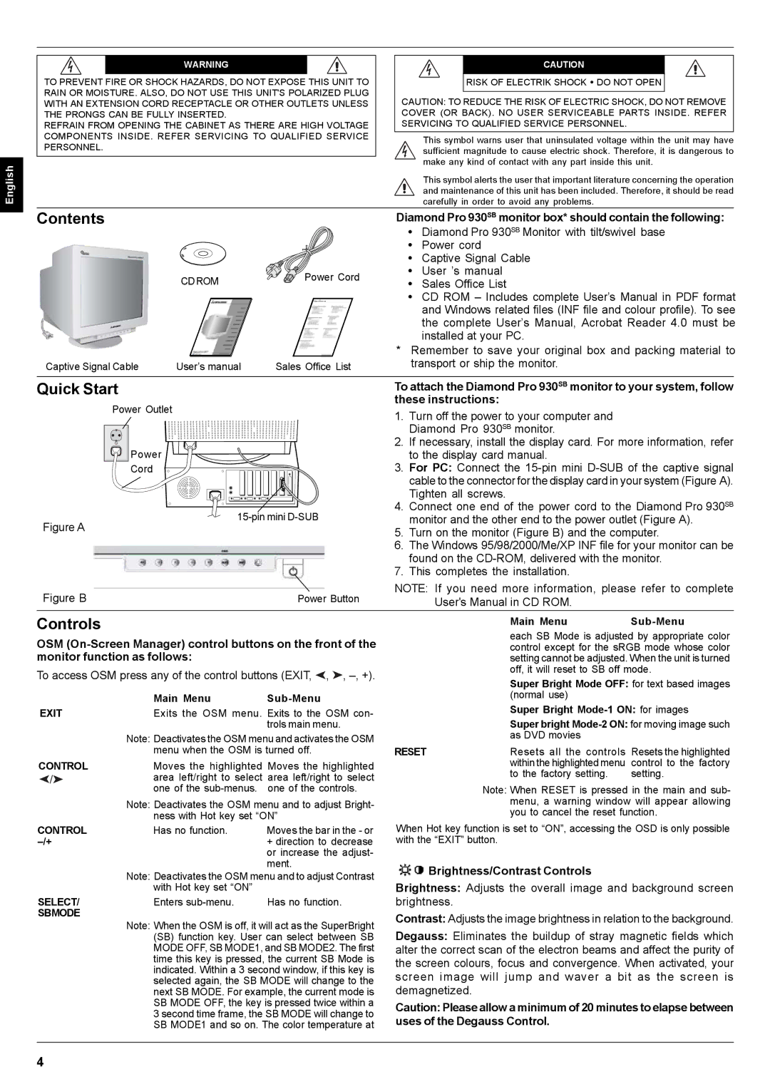 Mitsubishi Electronics Pro 930SB user manual Contents, Quick Start, Controls 