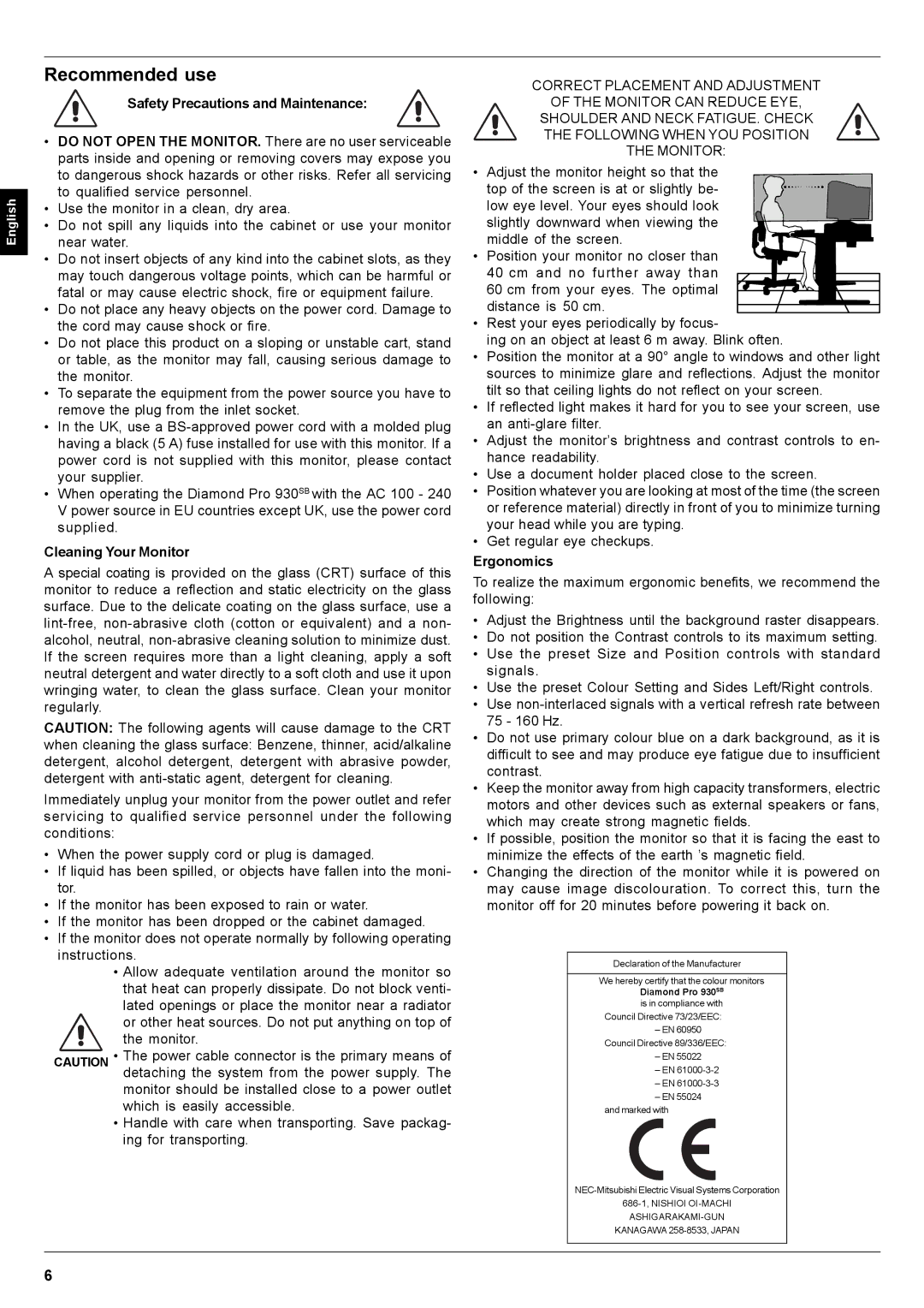 Mitsubishi Electronics Pro 930SB Recommended use, Safety Precautions and Maintenance, Cleaning Your Monitor, Ergonomics 