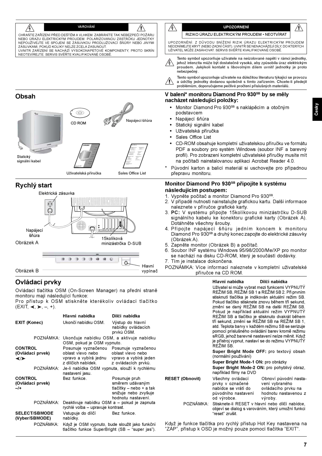 Mitsubishi Electronics Pro 930SB user manual Obsah, Rychlý start, Ovládací prvky 