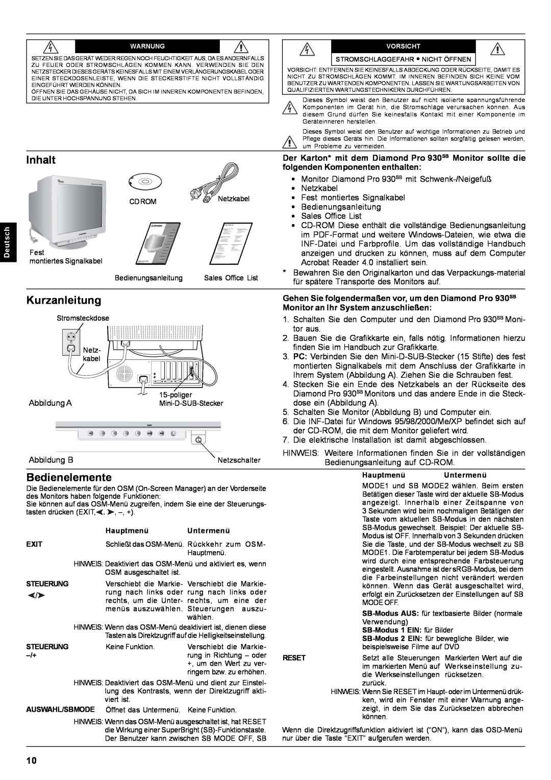 Mitsubishi Electronics Pro 930SB user manual Inhalt, Kurzanleitung, Bedienelemente, Monitor an Ihr System anzuschließen 