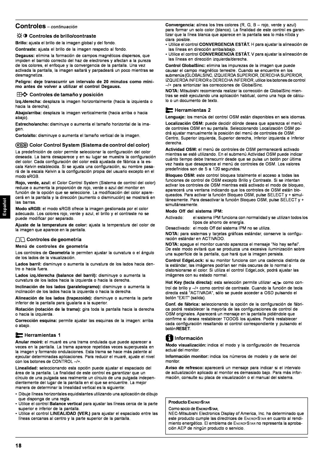 Mitsubishi Electronics Pro 930SB user manual Español, Controles - continuación, Menú de controles de geometría 