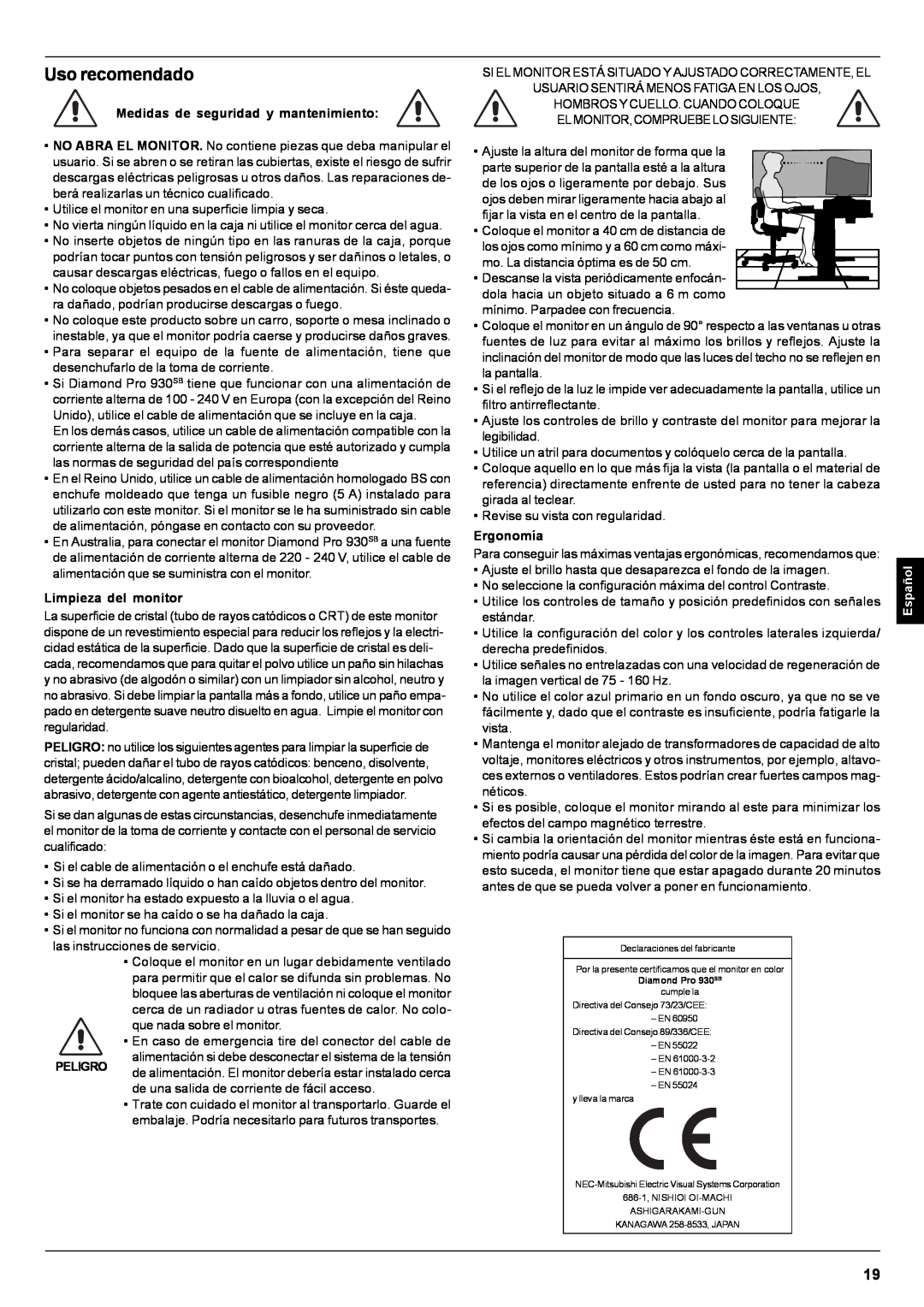 Mitsubishi Electronics Pro 930SB Uso recomendado, Medidas de seguridad y mantenimiento, Limpieza del monitor, Peligro 