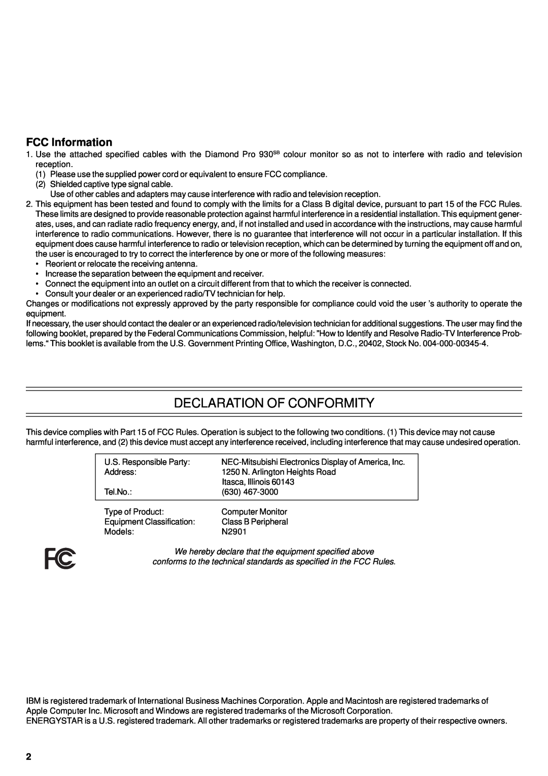 Mitsubishi Electronics Pro 930SB user manual Declaration Of Conformity, FCC Information 