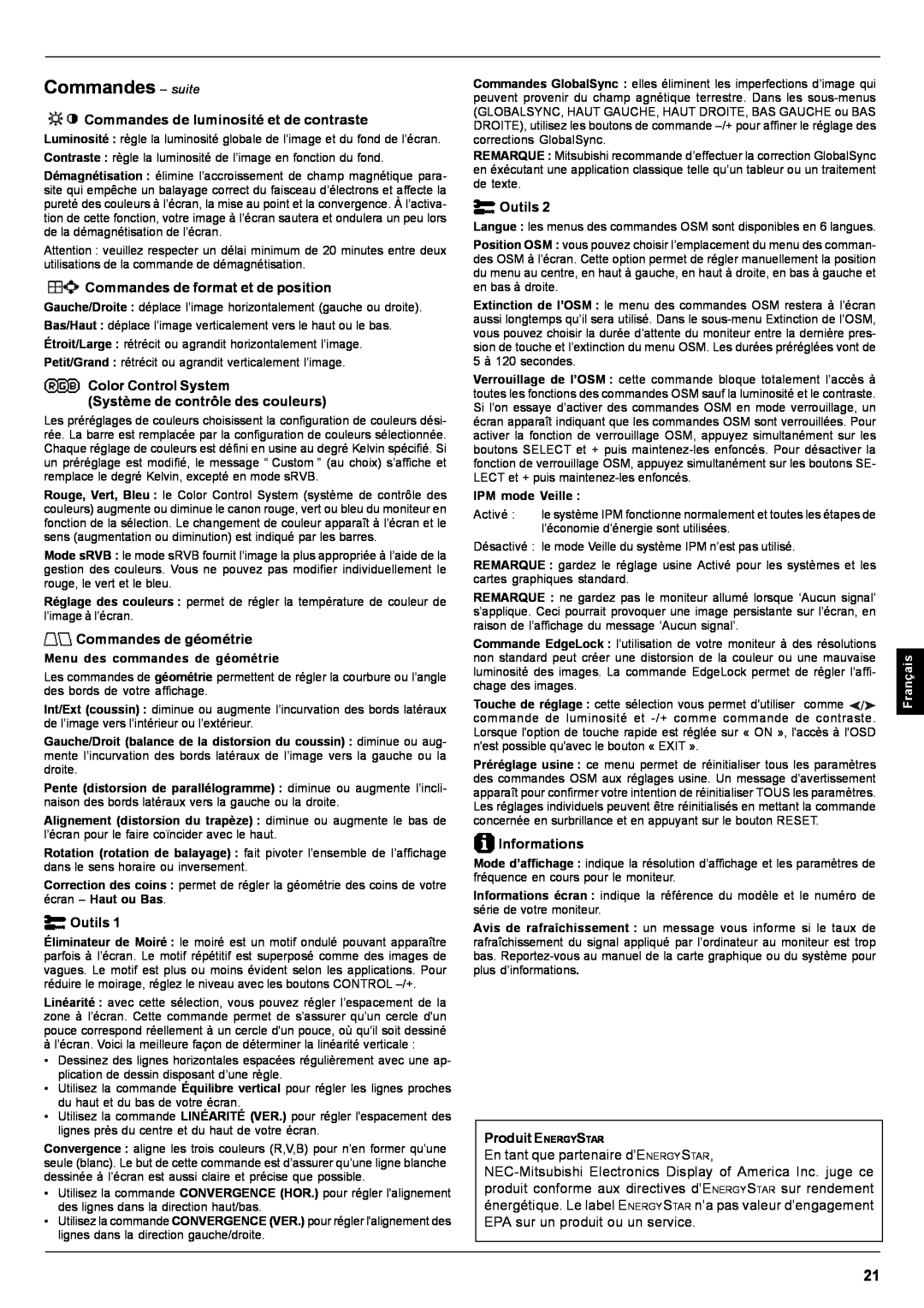 Mitsubishi Electronics Pro 930SB user manual Commandes - suite, En tant que partenaire d’ENERGYSTAR, Français 