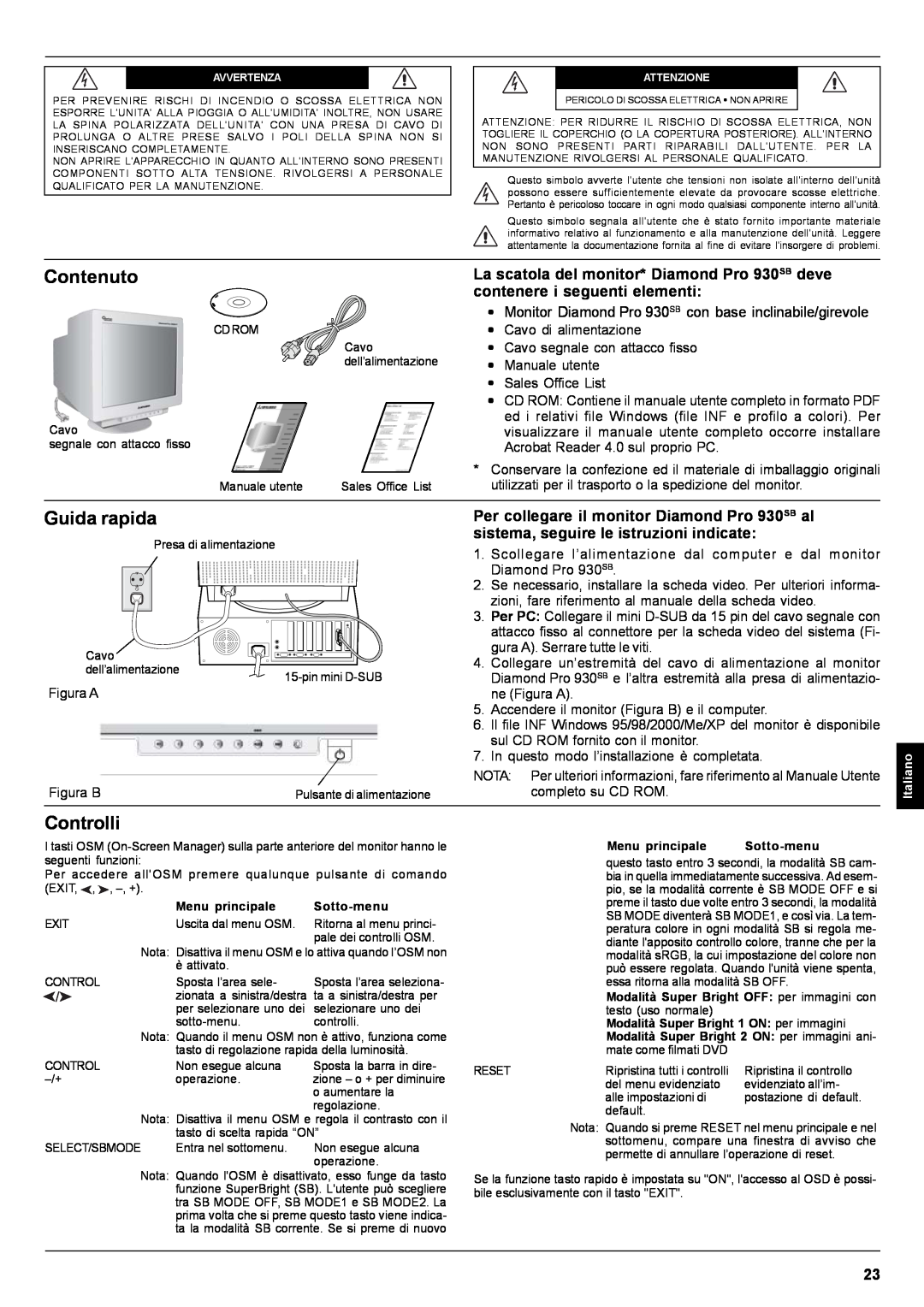 Mitsubishi Electronics Pro 930SB user manual Contenuto, Guida rapida, Controlli 