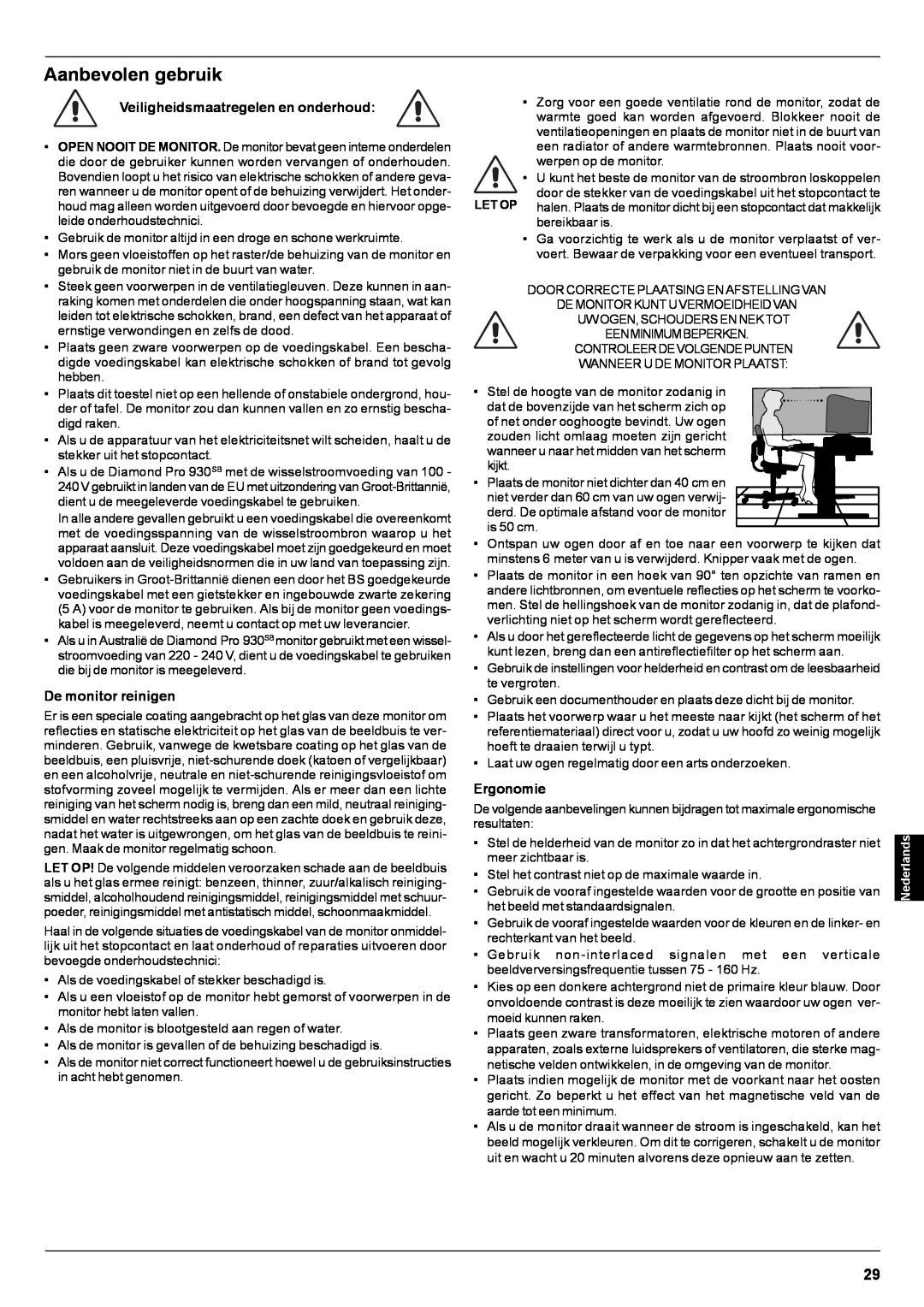 Mitsubishi Electronics Pro 930SB user manual Aanbevolen gebruik, Nederlands 