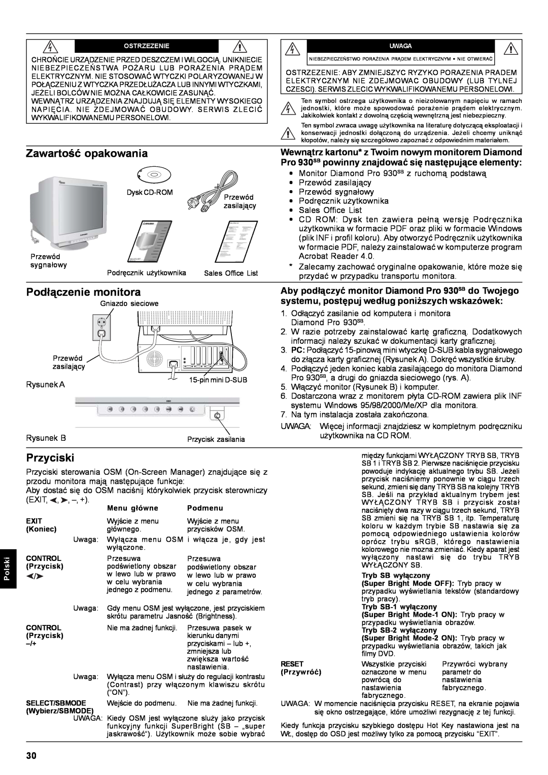 Mitsubishi Electronics Pro 930SB user manual Zawartość opakowania, Podłączenie monitora, Przyciski 