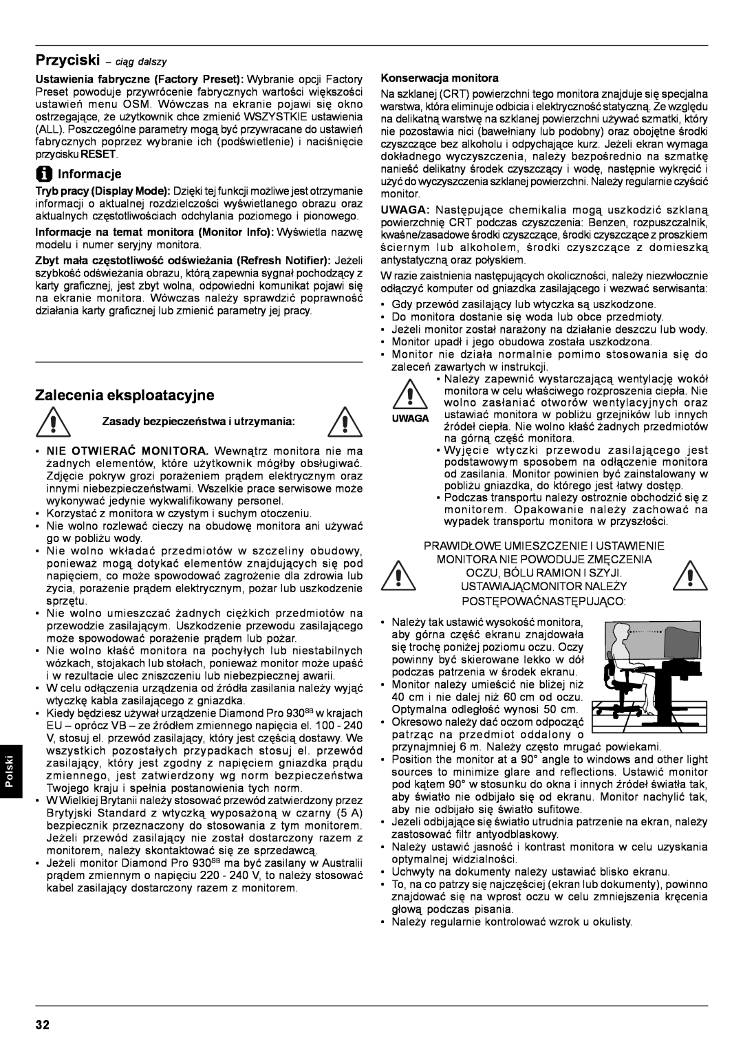 Mitsubishi Electronics Pro 930SB user manual Zalecenia eksploatacyjne, Informacje 