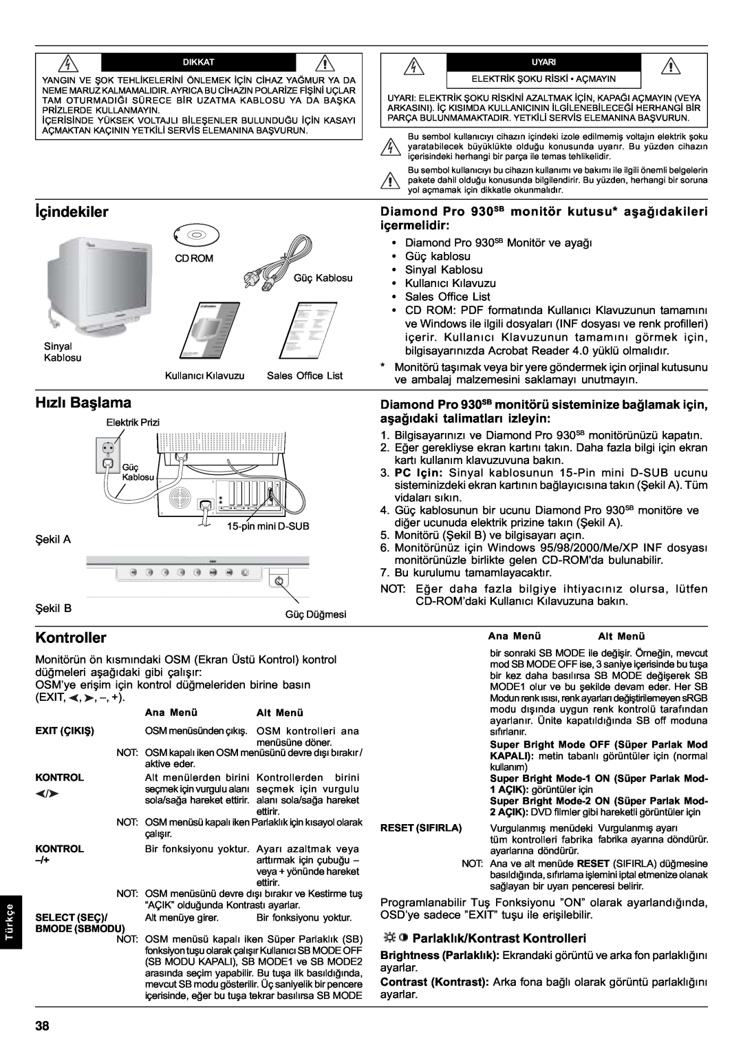 Mitsubishi Electronics Pro 930SB user manual Ýçindekiler, Hýzlý Baþlama, Kontroller, aþaðýdaki talimatlarý izleyin 