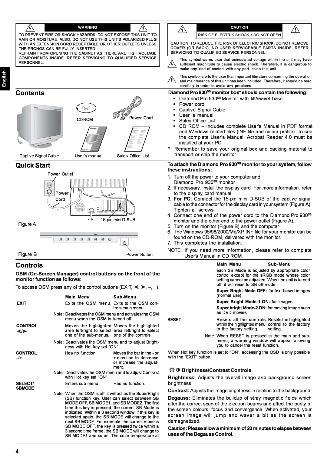 Mitsubishi Electronics Pro 930SB user manual Contents, Quick Start, Controls, monitor function as follows 