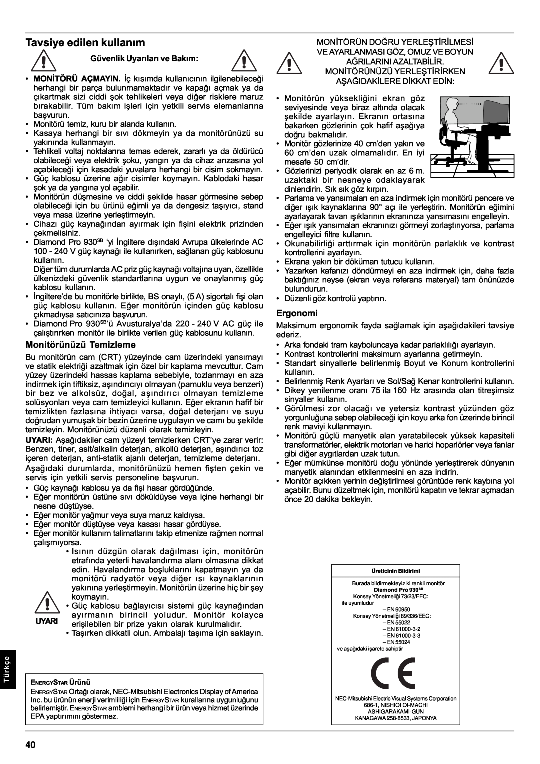 Mitsubishi Electronics Pro 930SB user manual Tavsiye edilen kullaným, Monitörünüzü Temizleme, Ergonomi 