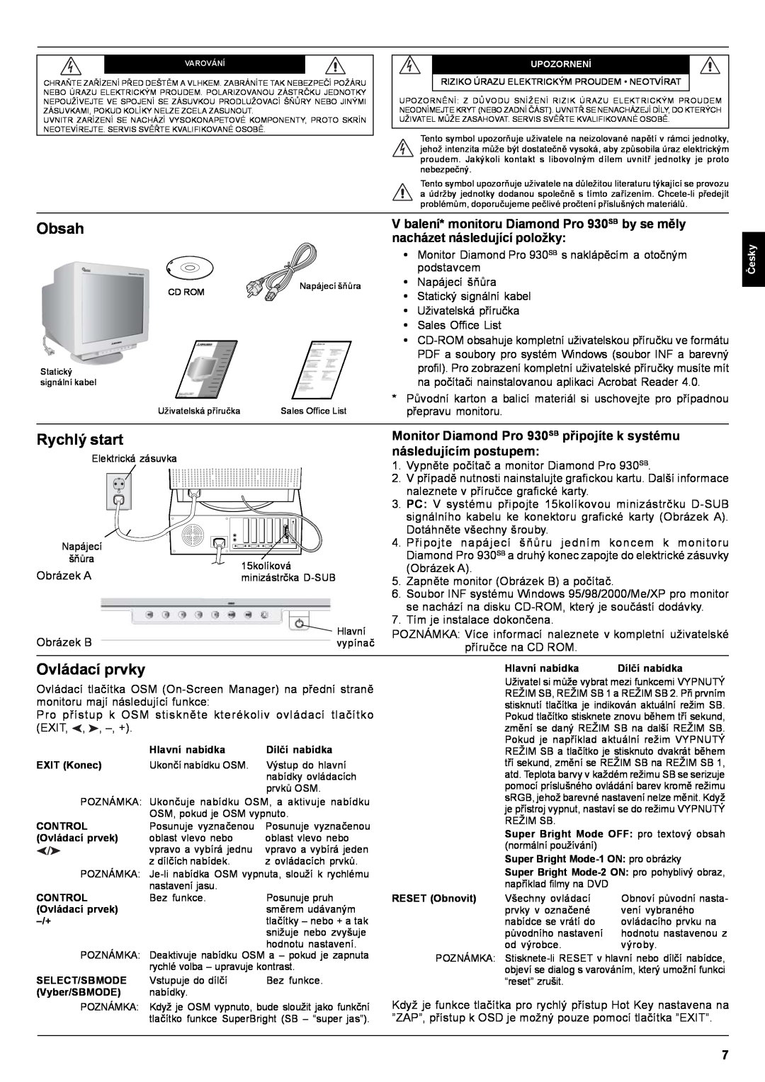 Mitsubishi Electronics Pro 930SB user manual Obsah, Rychlý start, Ovládací prvky 