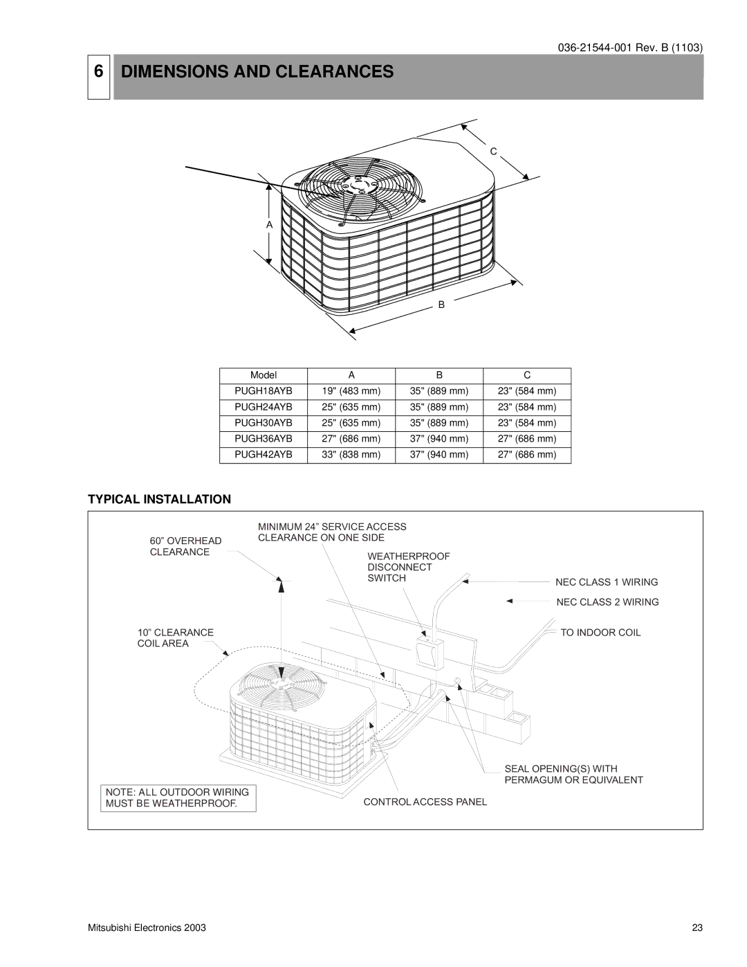 Mitsubishi Electronics PUGH18AYB, PUGH42AYB, PUGH36AYB, PUGH24AYB, PUGH30AYB Dimensions and Clearances, Typical Installation 