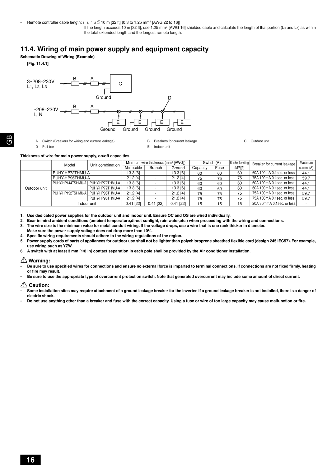 Mitsubishi Electronics PUHY-HP-THMU-A installation manual Wiring of main power supply and equipment capacity 