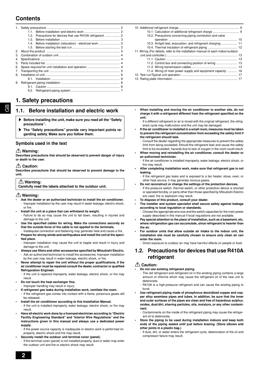 Mitsubishi Electronics PUHY-HP-THMU-A installation manual Contents, Safety precautions 