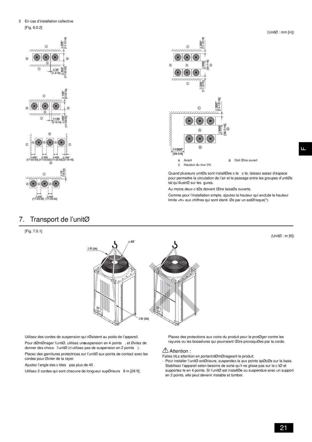 Mitsubishi Electronics PUHY-HP-THMU-A installation manual Transport de lunité, En cas dinstallation collective Fig 