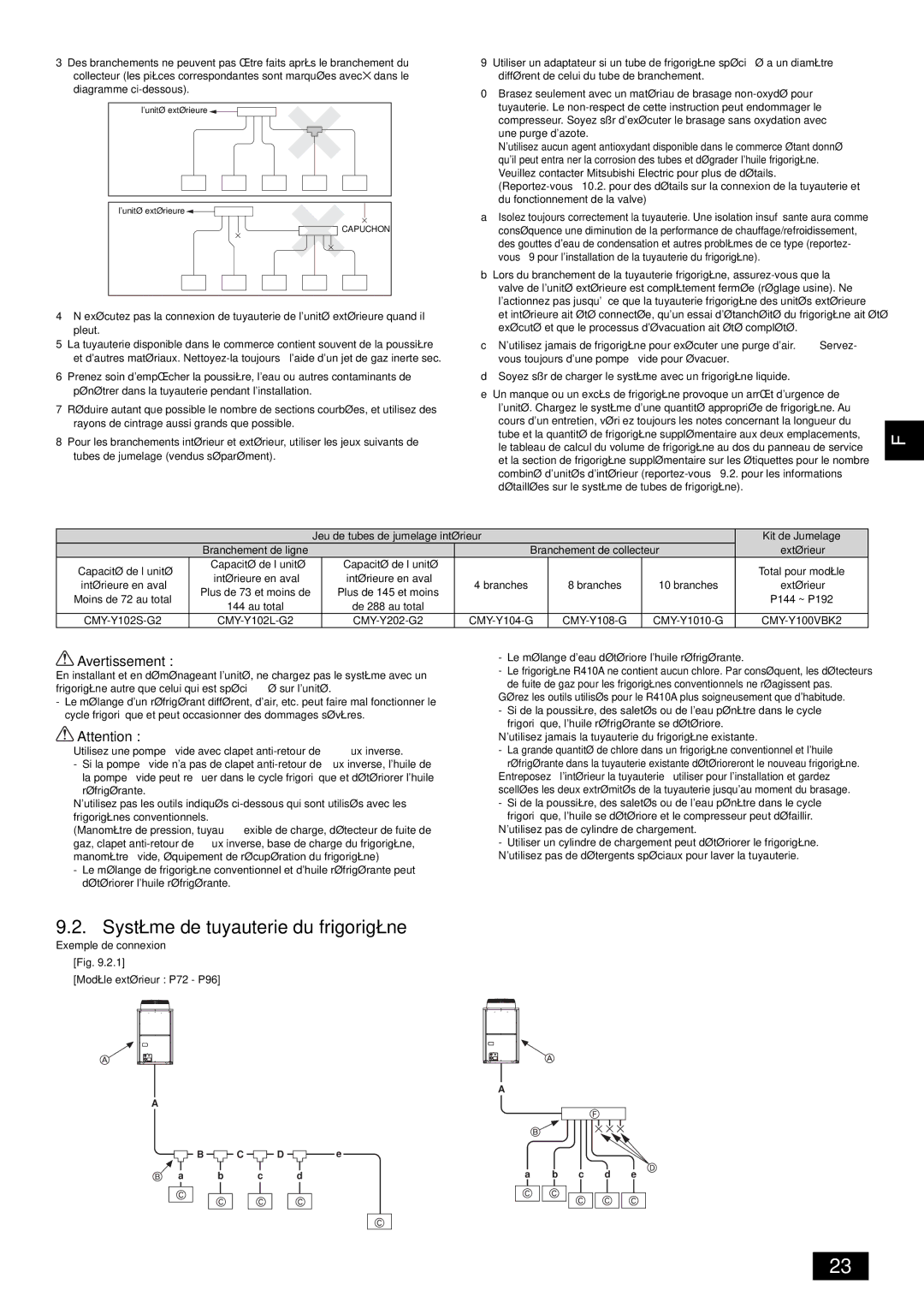 Mitsubishi Electronics PUHY-HP-THMU-A installation manual Système de tuyauterie du frigorigène, Modèle extérieur P72 P96 