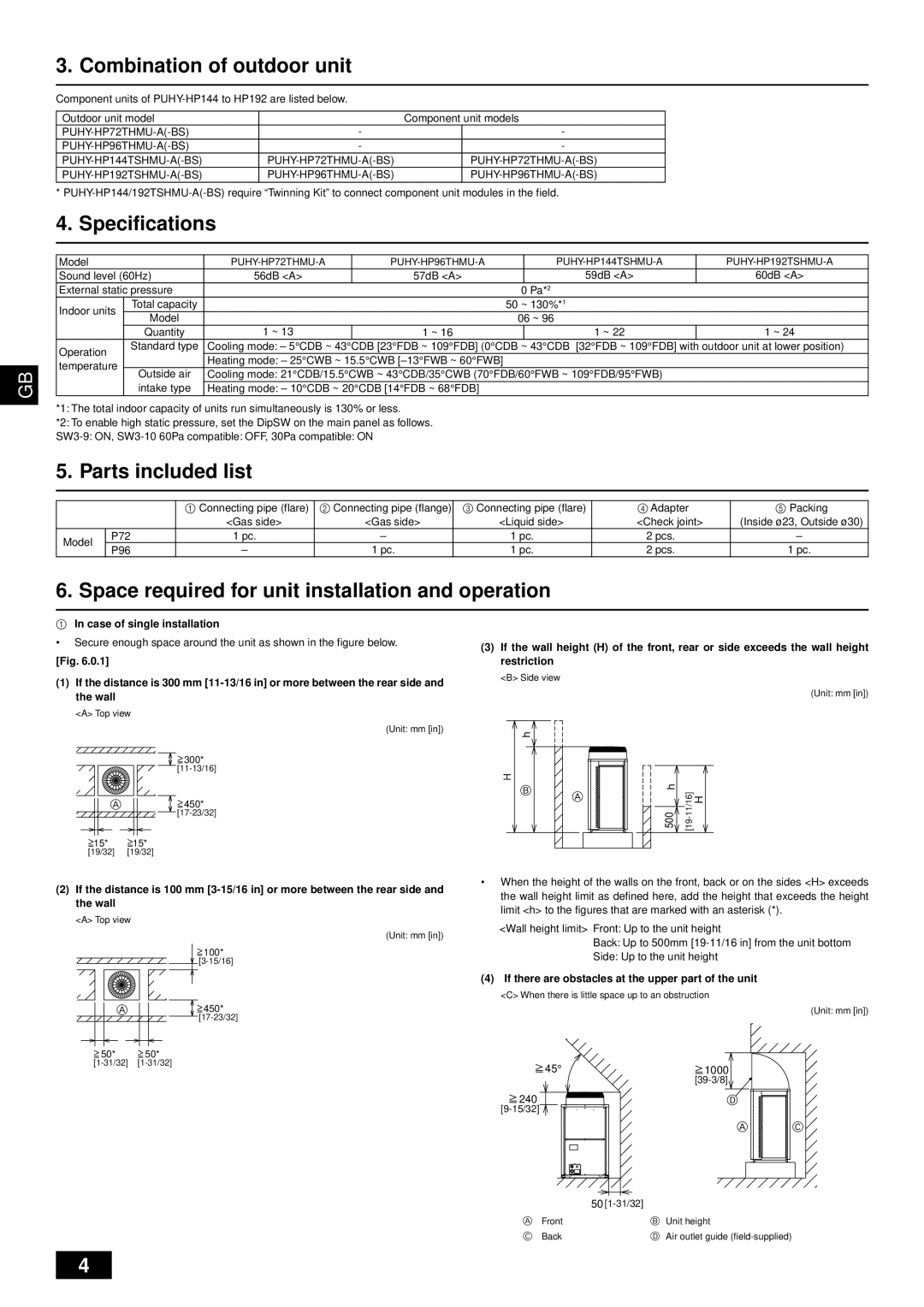 Mitsubishi Electronics PUHY-HP-THMU-A installation manual Combination of outdoor unit, Specifications, Parts included list 