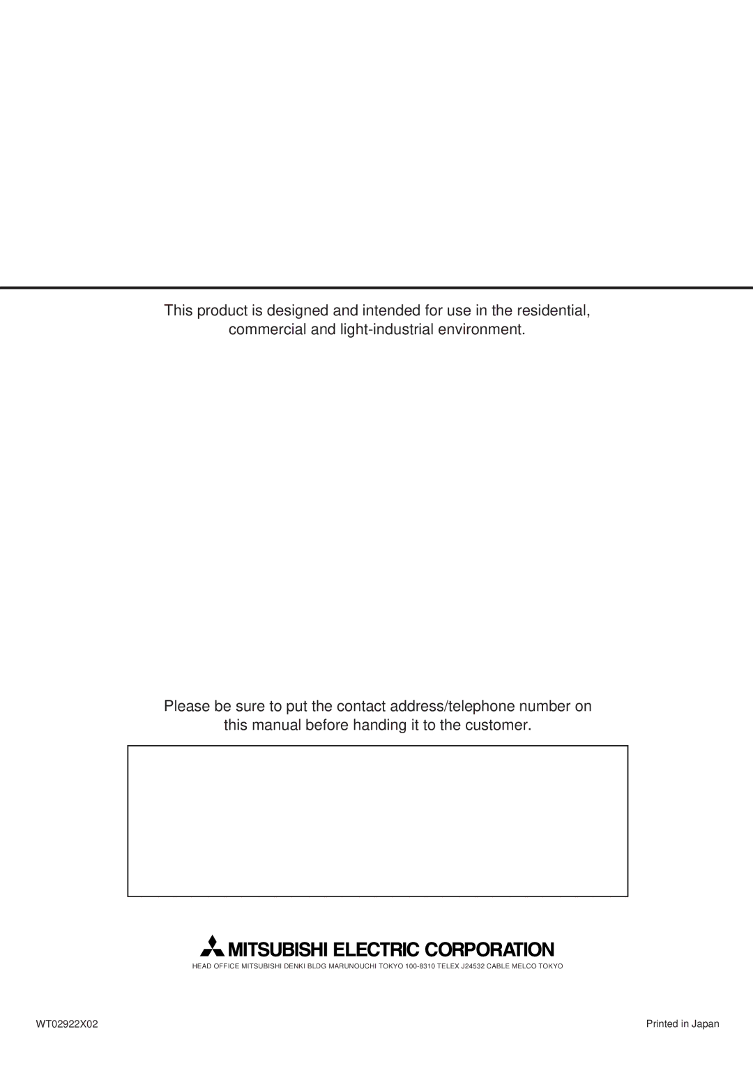 Mitsubishi Electronics PUHY-YMC installation manual WT02922X02 