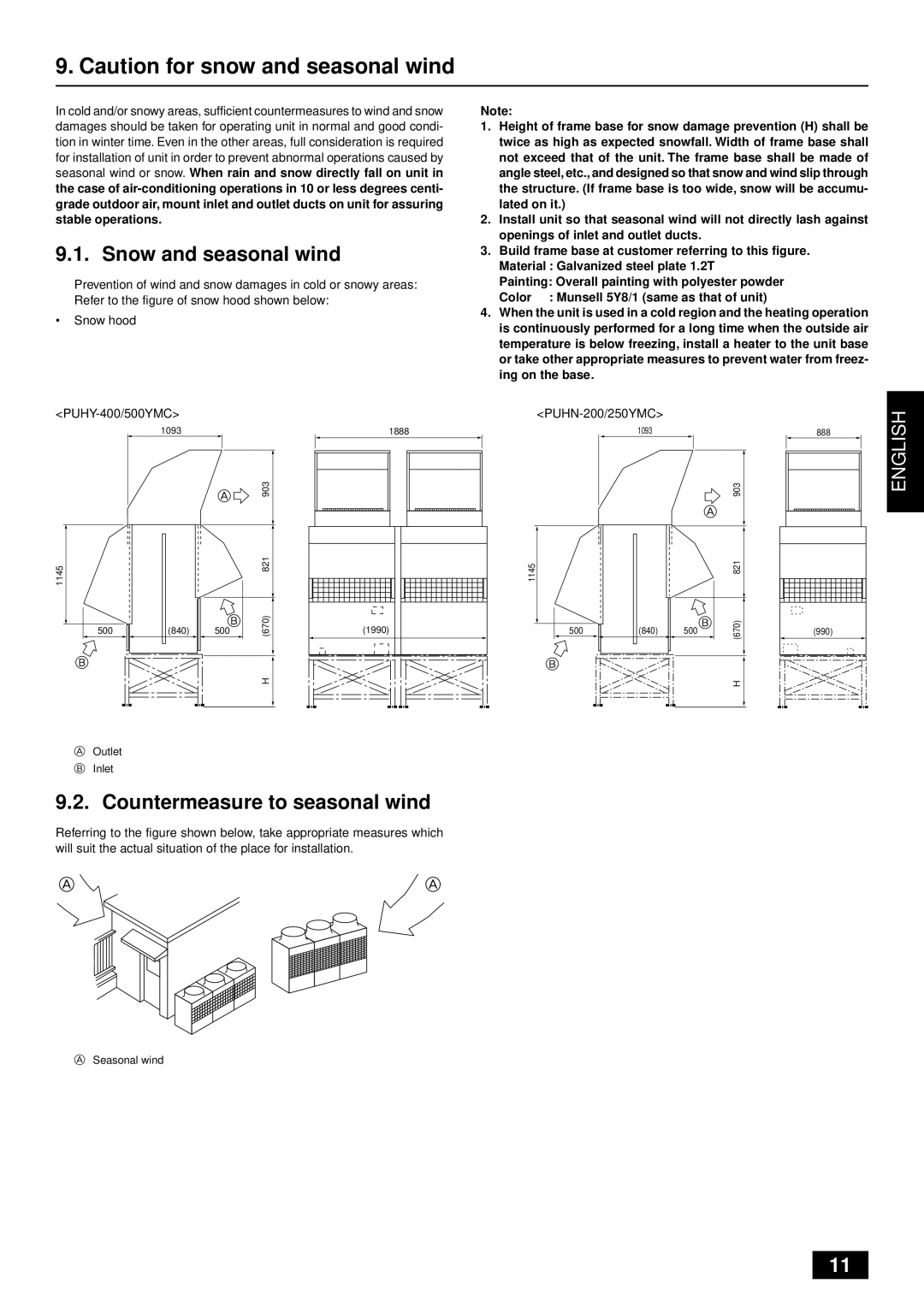 Mitsubishi Electronics PUHY-YMC Snow and seasonal wind, Countermeasure to seasonal wind, PUHY-400/500YMC, PUHN-200/250YMC 