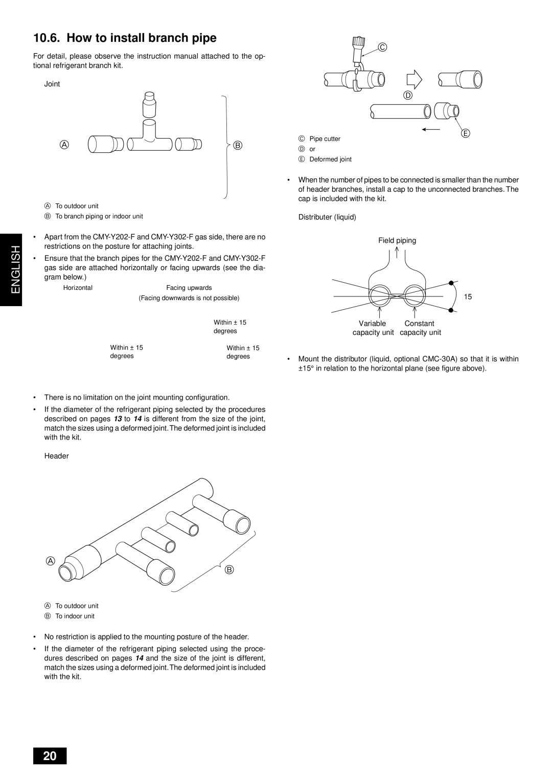 Mitsubishi Electronics PUHY-YMC How to install branch pipe, Joint, Restrictions on the posture for attaching joints 