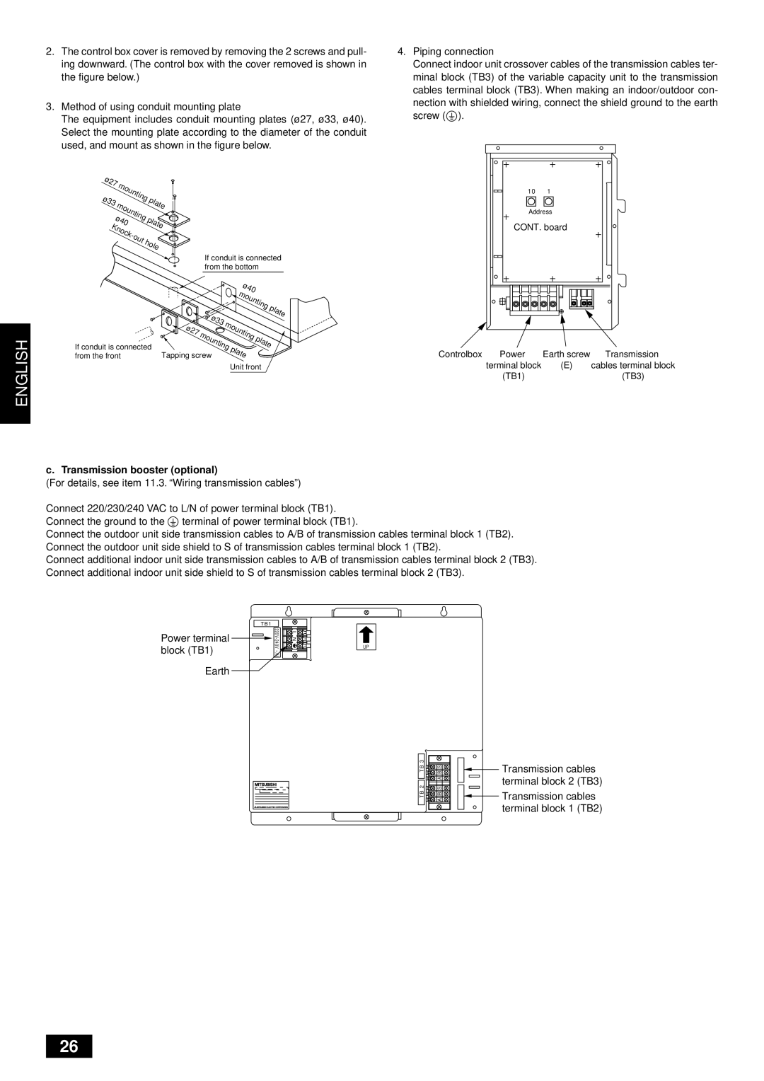 Mitsubishi Electronics PUHY-YMC installation manual Plate, Hole, Transmission booster optional 