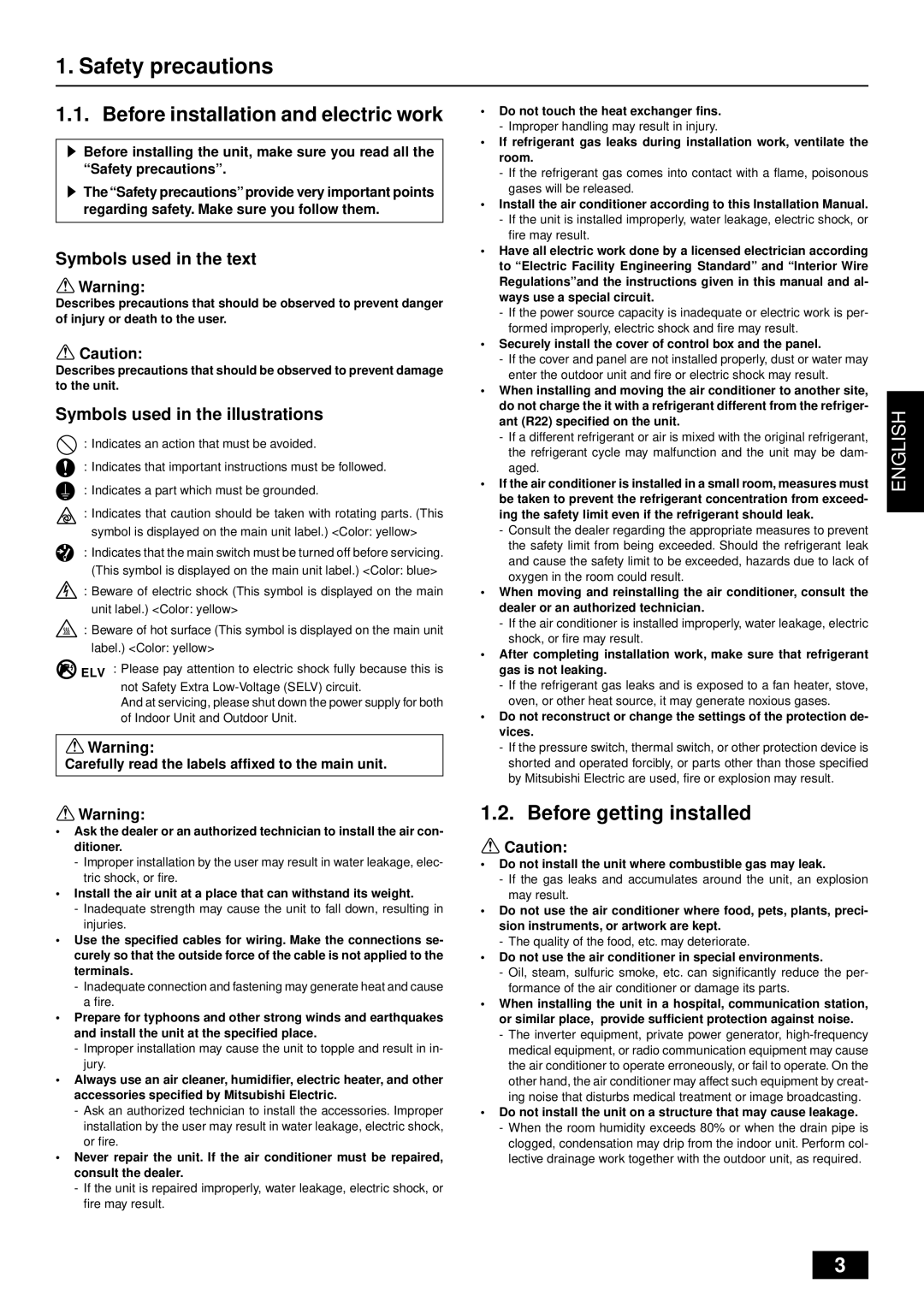 Mitsubishi Electronics PUHY-YMC Safety precautions, Before installation and electric work, Before getting installed 