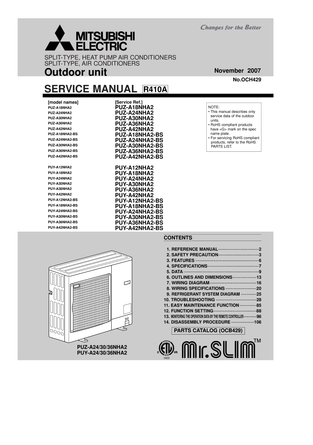 Mitsubishi Electronics PUZ-A30NHA2, PUZ-A42NHA2-BS, PUY-A36NHA2, PUZ-A36NHA2 service manual Contents, Parts Catalog OCB429 