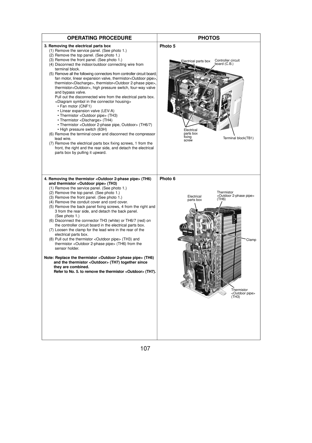 Mitsubishi Electronics PUZ-A24NHA2-BS, PUZ-A42NHA2-BS 107, Removing the electrical parts box, Thermistor Outdoor pipe TH3 