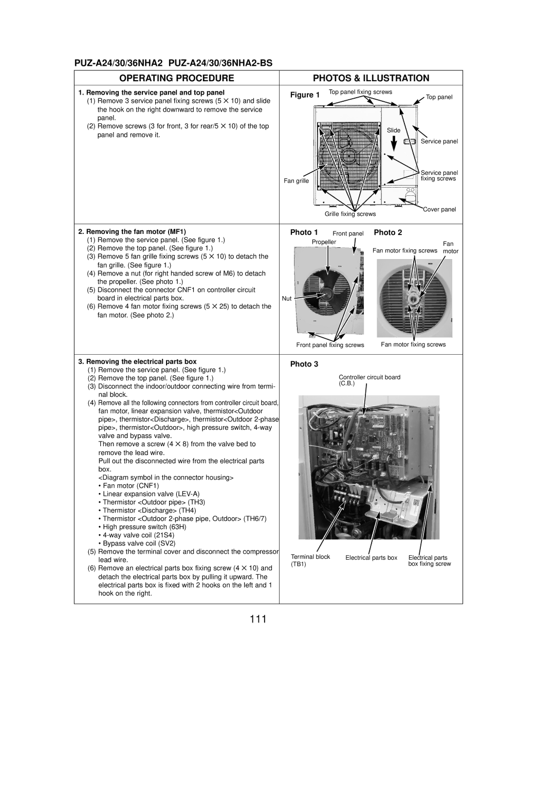 Mitsubishi Electronics PUZ-A30NHA2, PUY-A36NHA2 111, Operating Procedure Photos & Illustration, Removing the fan motor MF1 