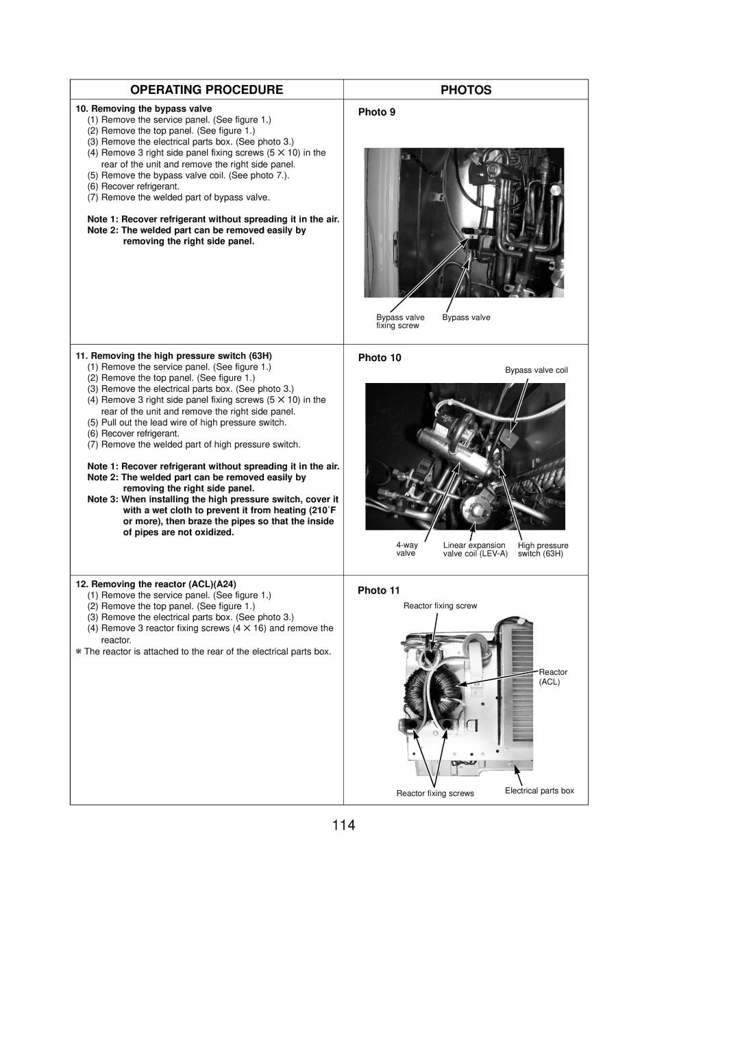 Mitsubishi Electronics PUY-A30NHA2-BS, PUZ-A42NHA2-BS 114, Removing the bypass valve, Removing the reactor ACLA24 