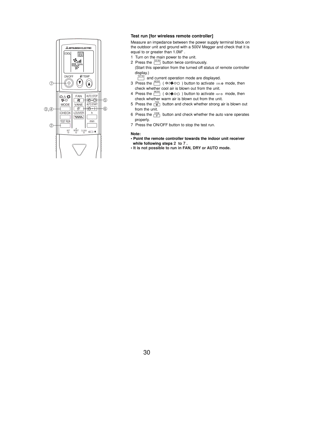 Mitsubishi Electronics PUY-A24NHA2, PUZ-A42NHA2-BS, PUZ-A30NHA2, PUY-A36NHA2 Test run for wireless remote controller 